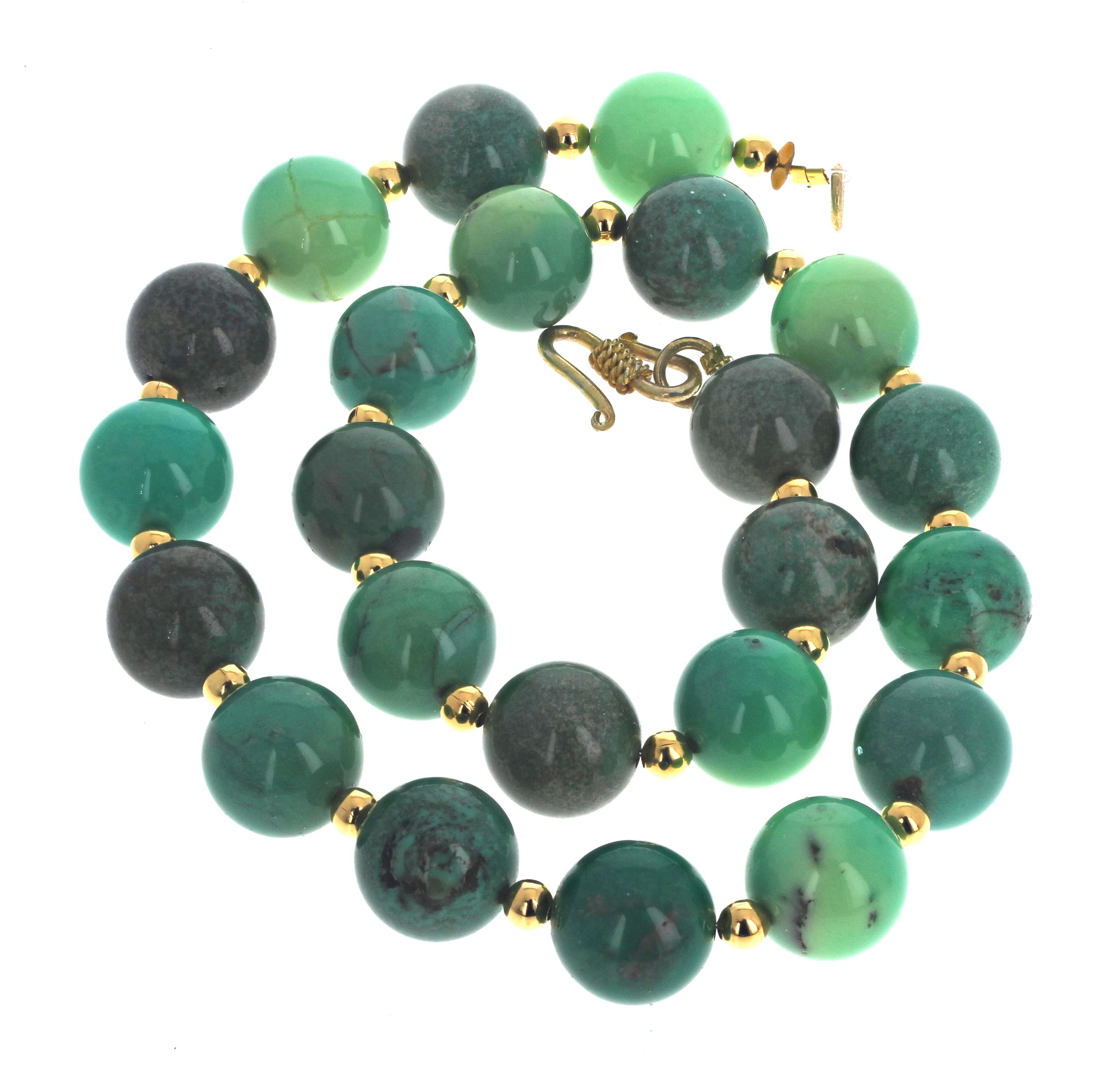 Absolutely beautifully polished natural real Chrysocolla gemstones enhanced with gold plated rondels set in the gorgeous 20 inch long necklace.  The Chrysocollas are approximately 16mm. The clasp is an easy to use gold plated hook clasp.  This has