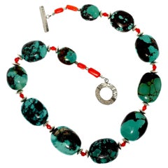 AJD Graduated Hubei Turquoise Nugget Necklace with Orange & Silver Accents