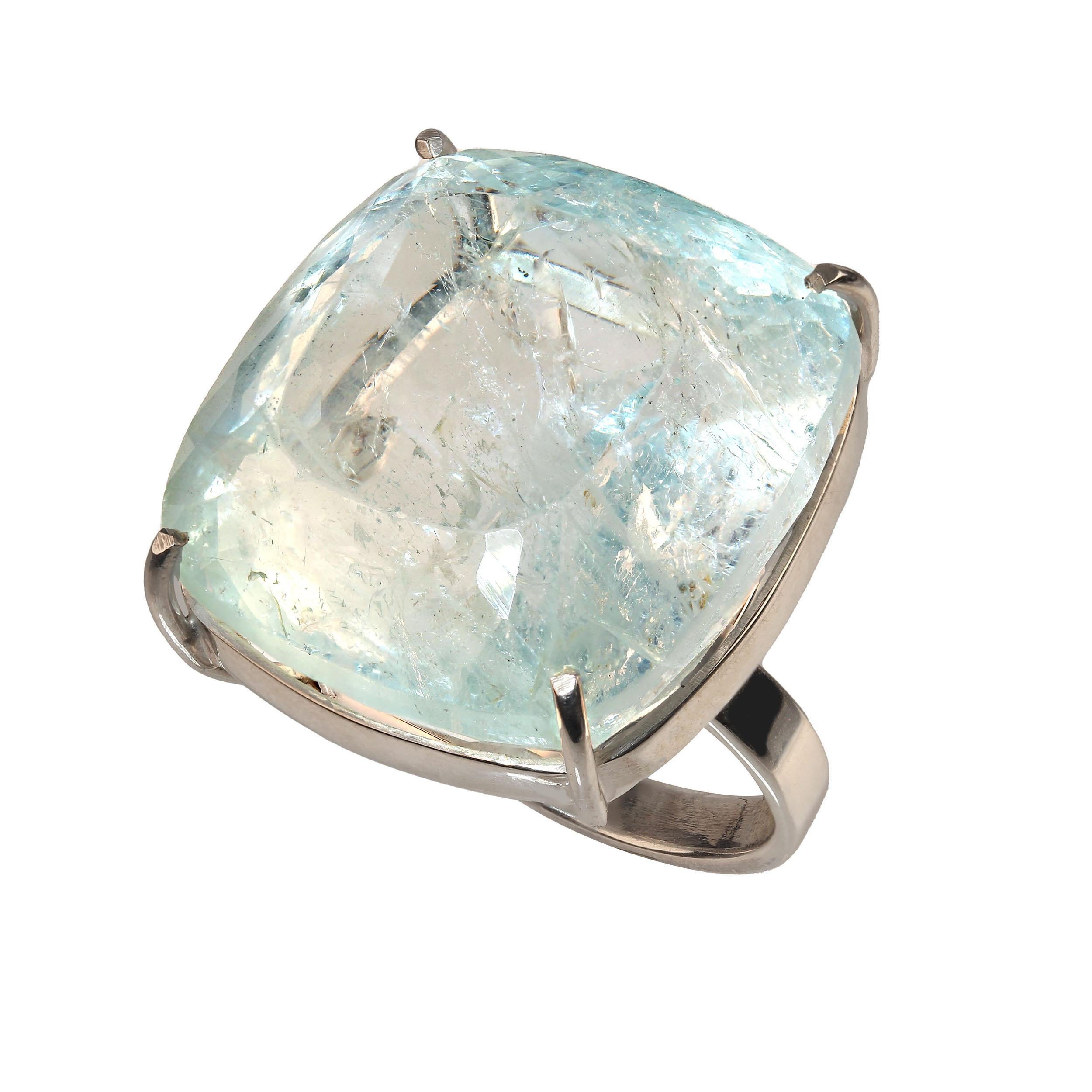  Great cushion cut, huge 50 carat Aquamarine ring!  This beauty is a real show stopper. Set in handmade setting of Sterling Silver this generous gemstone has all the natural inclusions associated with beryls which only make it more appealing. They