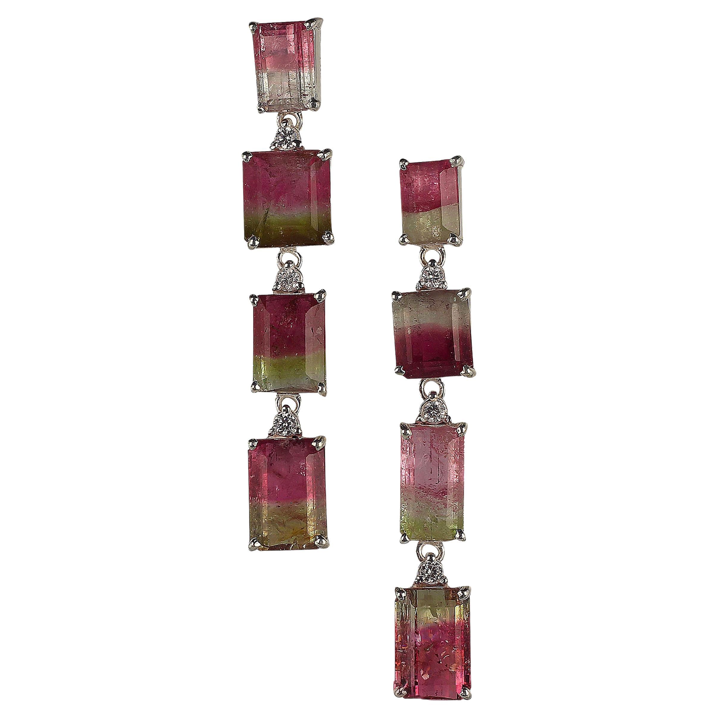 Art Deco AJD Green and Pink Bi-Color Tourmaline Dangle Earrings For Sale