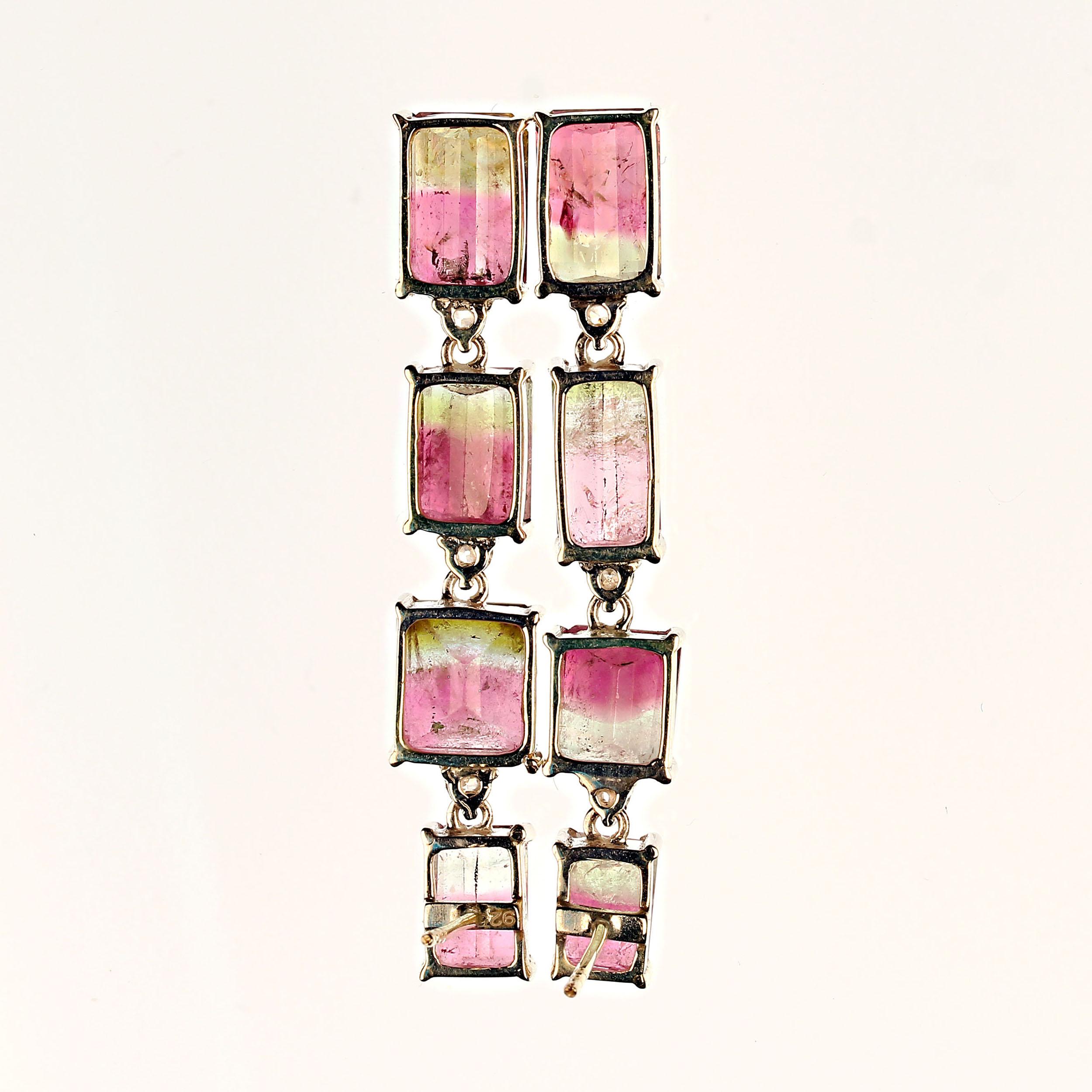 AJD Green and Pink Bi-Color Tourmaline Dangle Earrings In New Condition For Sale In Raleigh, NC