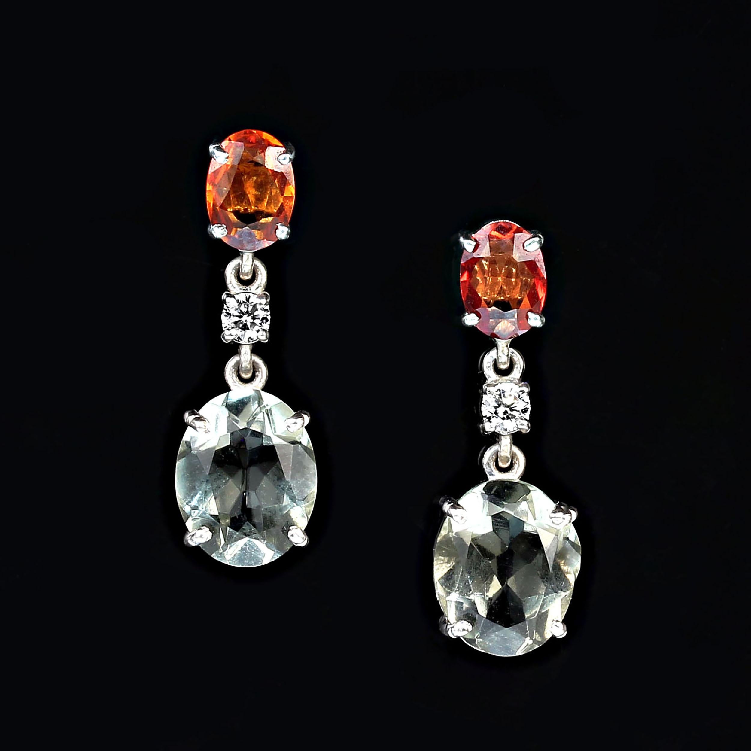 Oval Cut AJD Green Apatite and Orange Sapphire Dangle Earrings For Sale