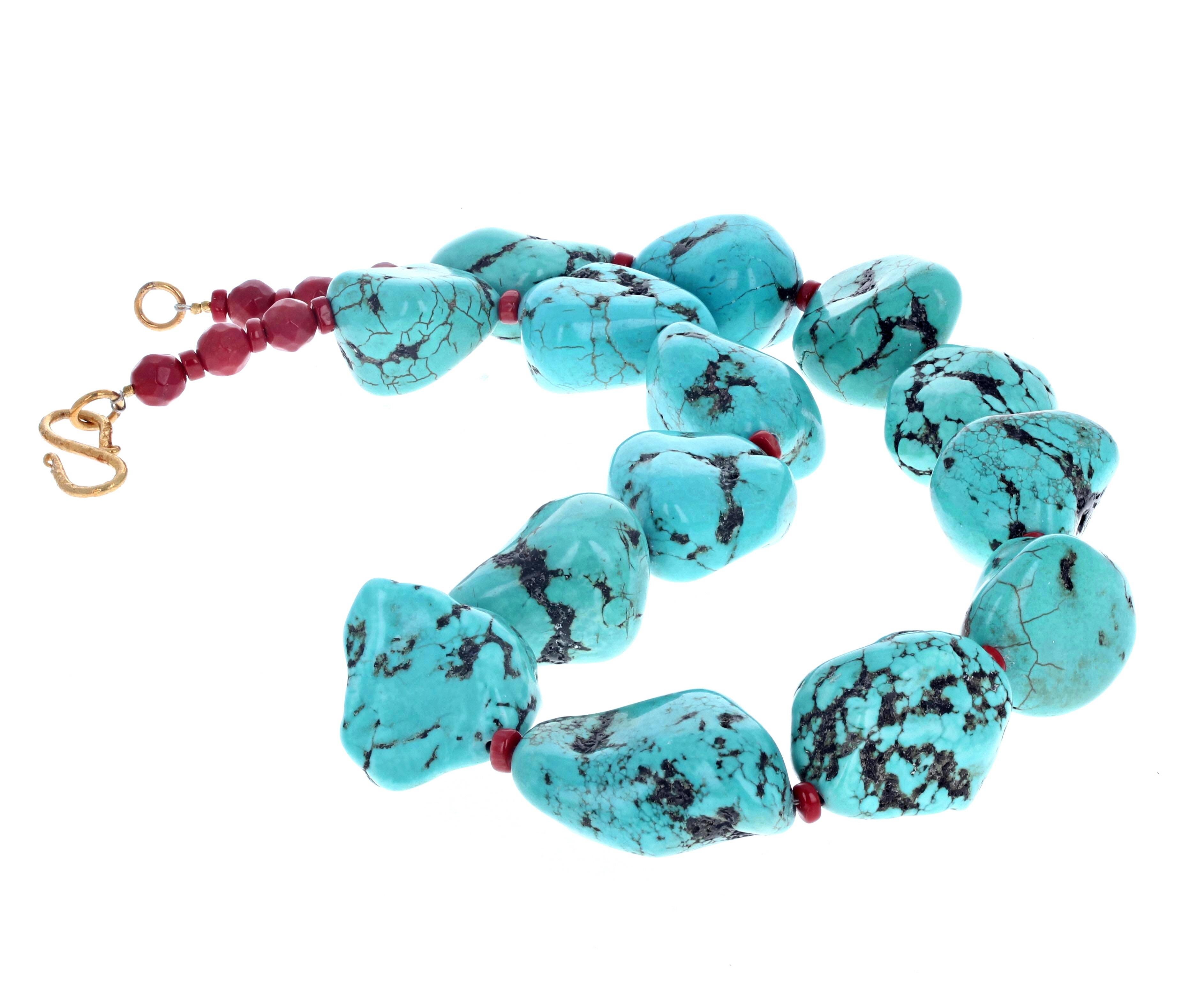Mixed Cut AJD Beautiful Polished Chunky Dramatic Real Turquoise & Red Coral Necklace For Sale