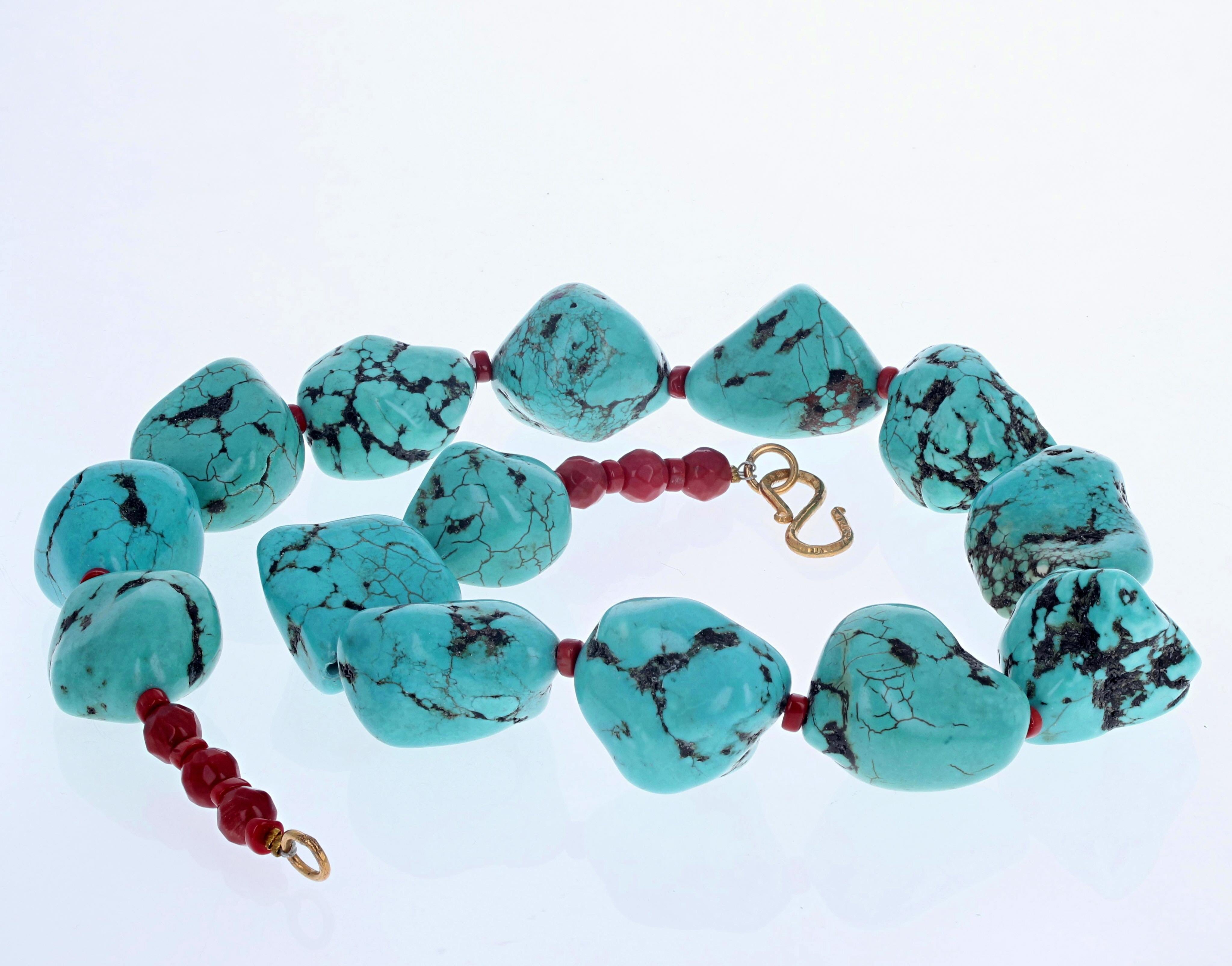 AJD Beautiful Polished Chunky Dramatic Real Turquoise & Red Coral Necklace In New Condition For Sale In Raleigh, NC
