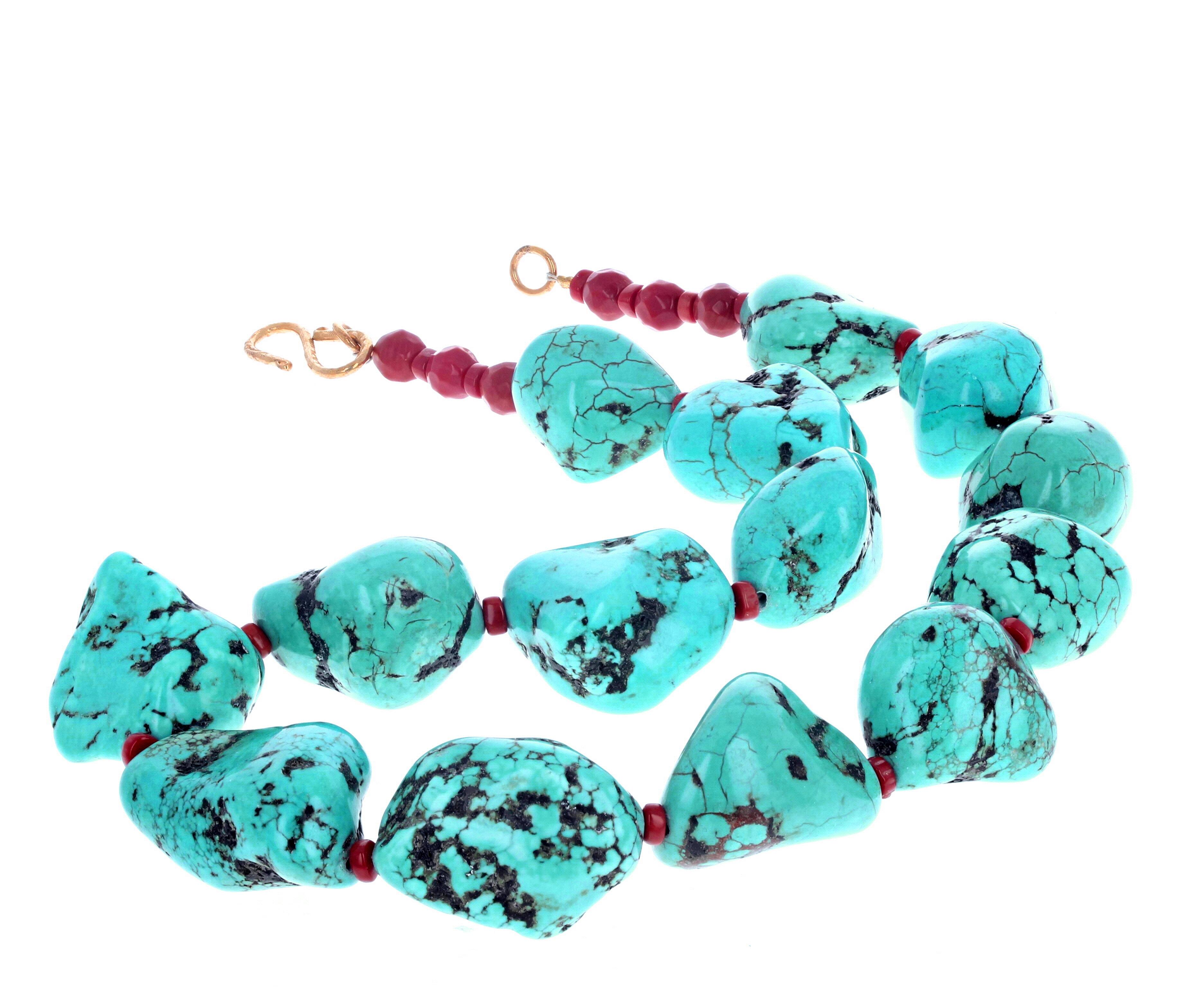 Women's or Men's AJD Beautiful Polished Chunky Dramatic Real Turquoise & Red Coral Necklace For Sale