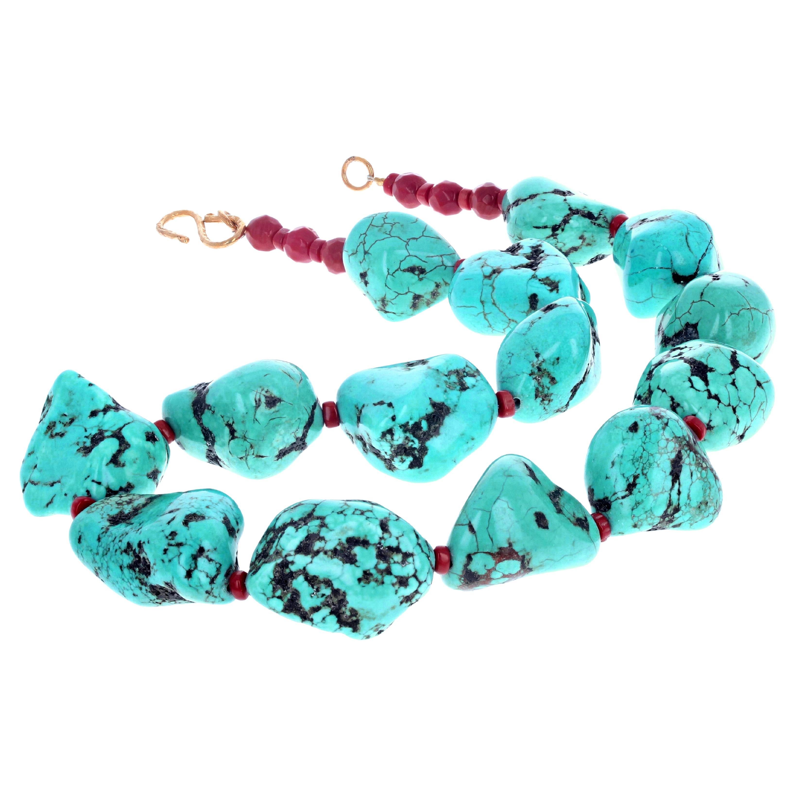 AJD Beautiful Polished Chunky Dramatic Real Turquoise & Red Coral Necklace For Sale
