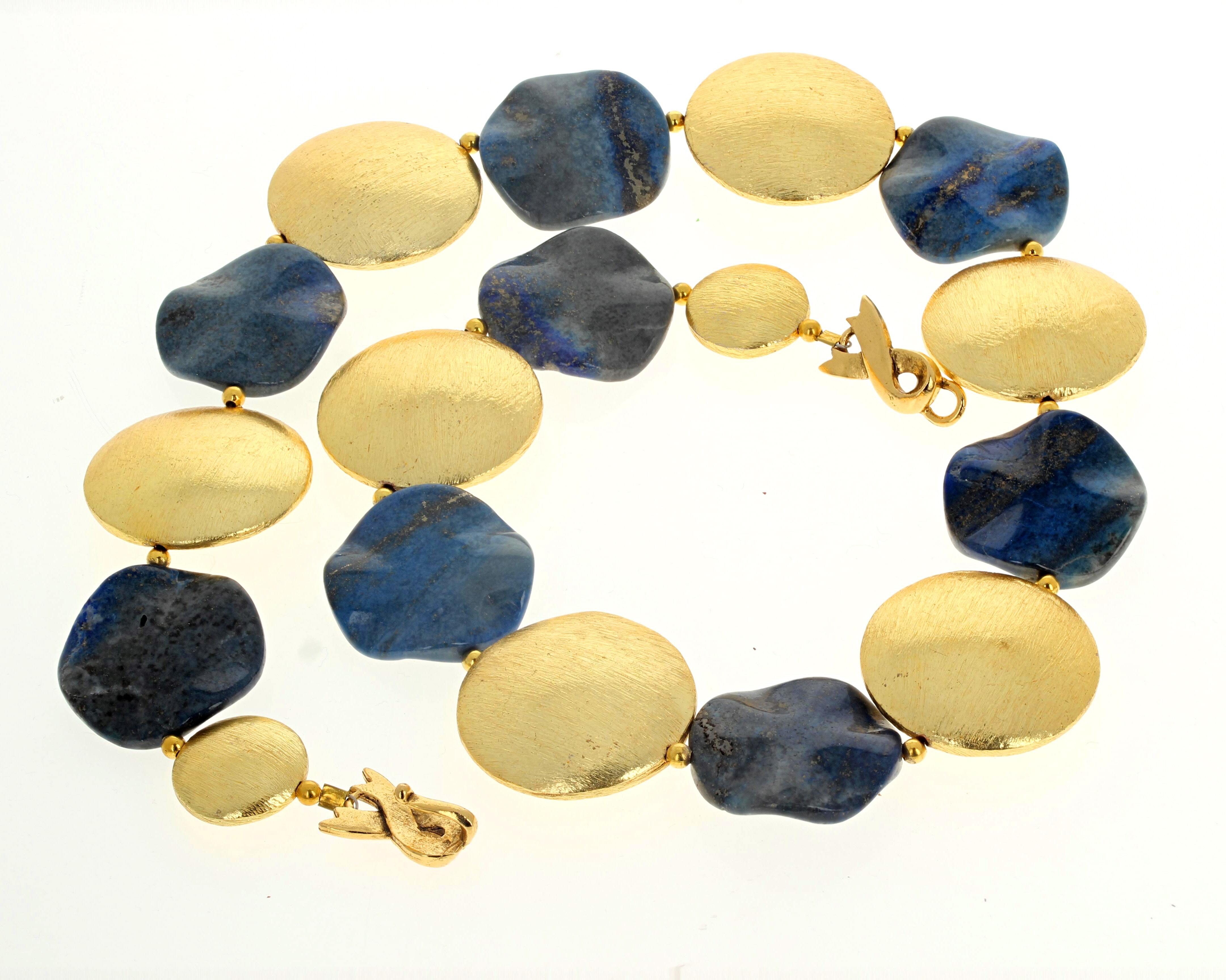 Round Cut AJD Highly Polished Natural Lapis Lazuli & Goldy Rondels 19 Necklace For Sale