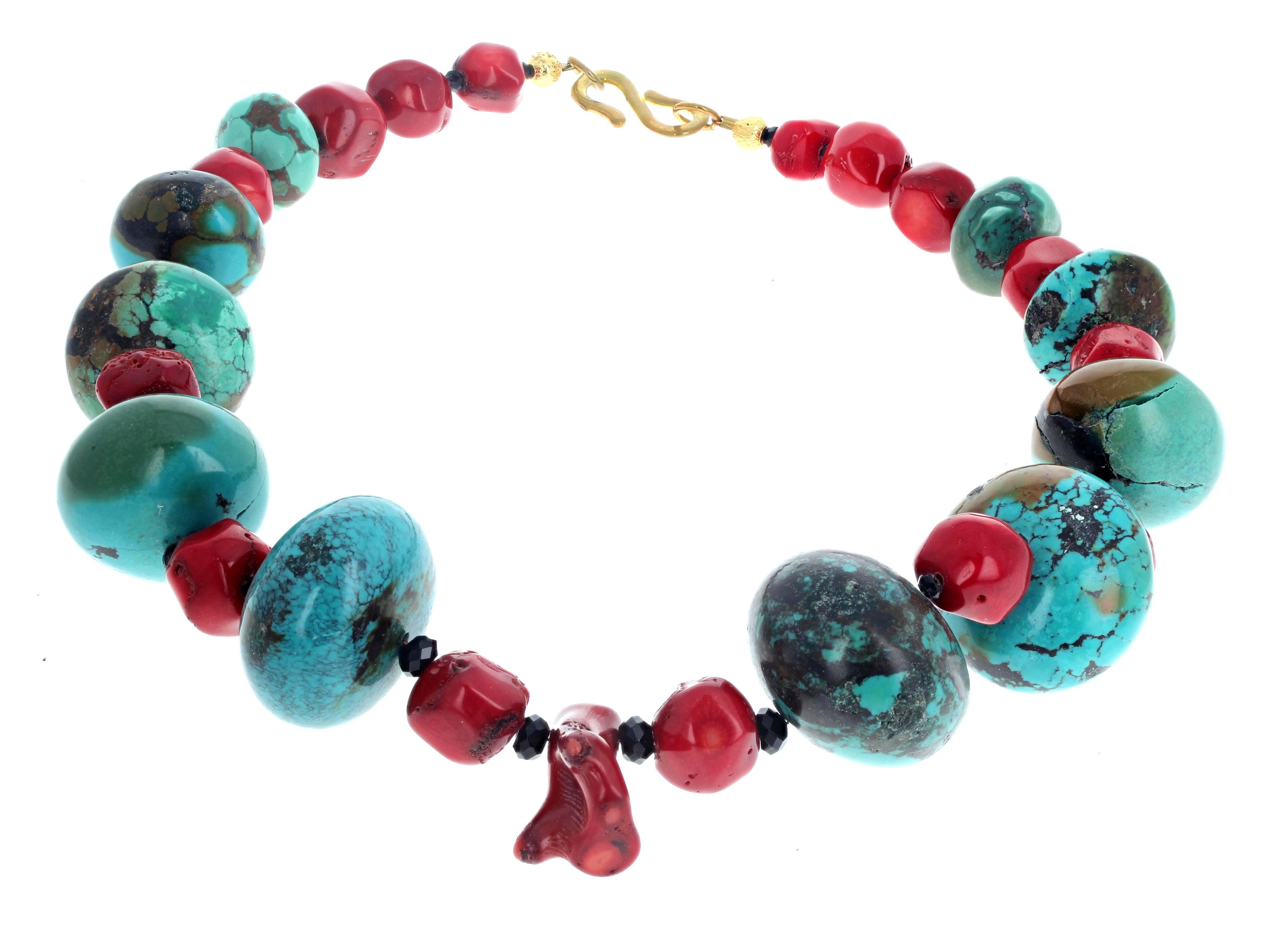 These huge polished natural Turquoises are enhanced with chunky polished natural red Bamboo Coral composing this wonderful 20 1/2 inch long necklace.  The largest Turquoises are approximately 32mm and the Coral approximately 15 1/2mm.  The clasp is