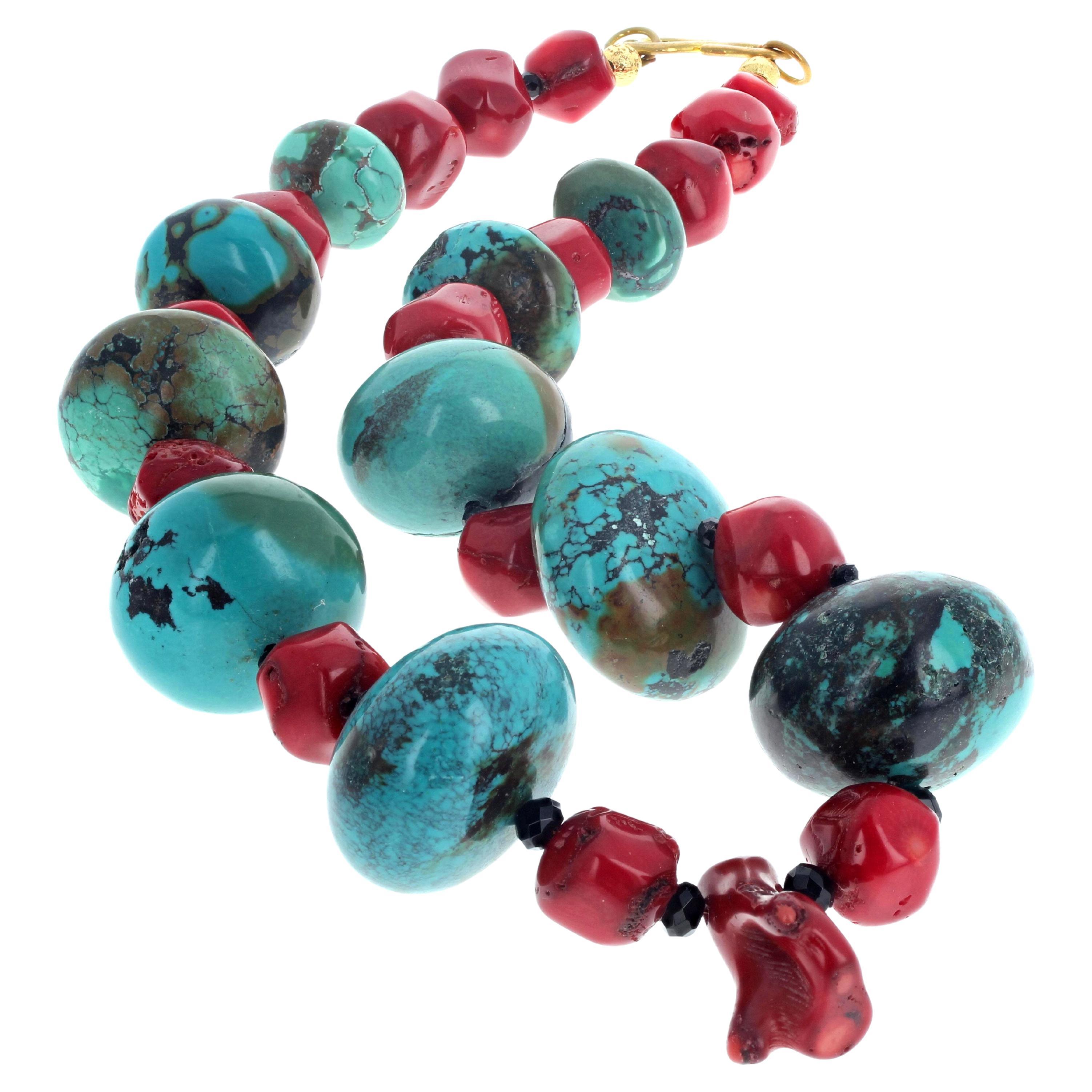 AJD Huge Dramatic Natural Glowing Turquoise & Red Coral 20 1/2" Long Necklace For Sale