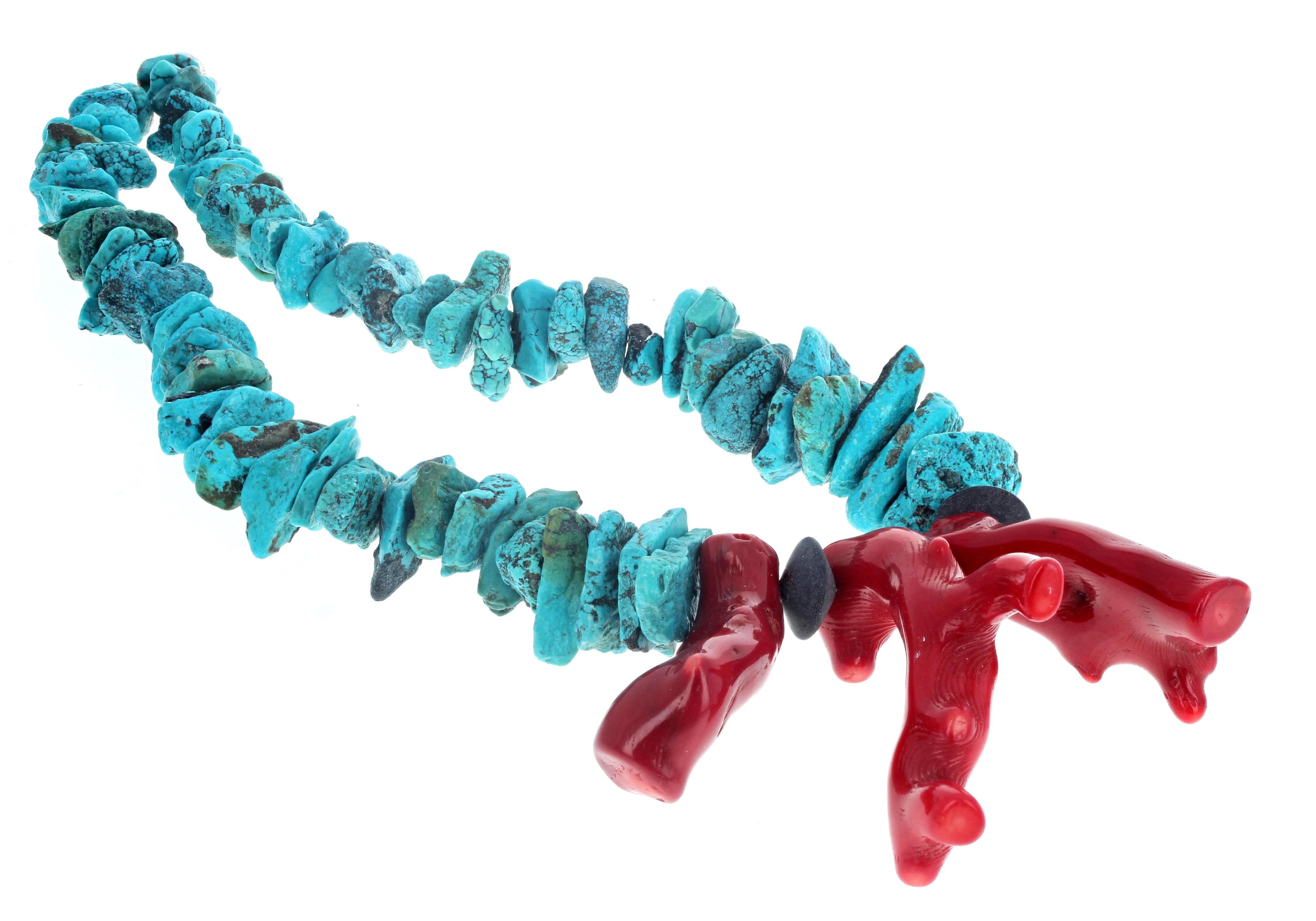 Mixed Cut AJD Huge Natural Coral and Natural Turquoise Necklace For Sale