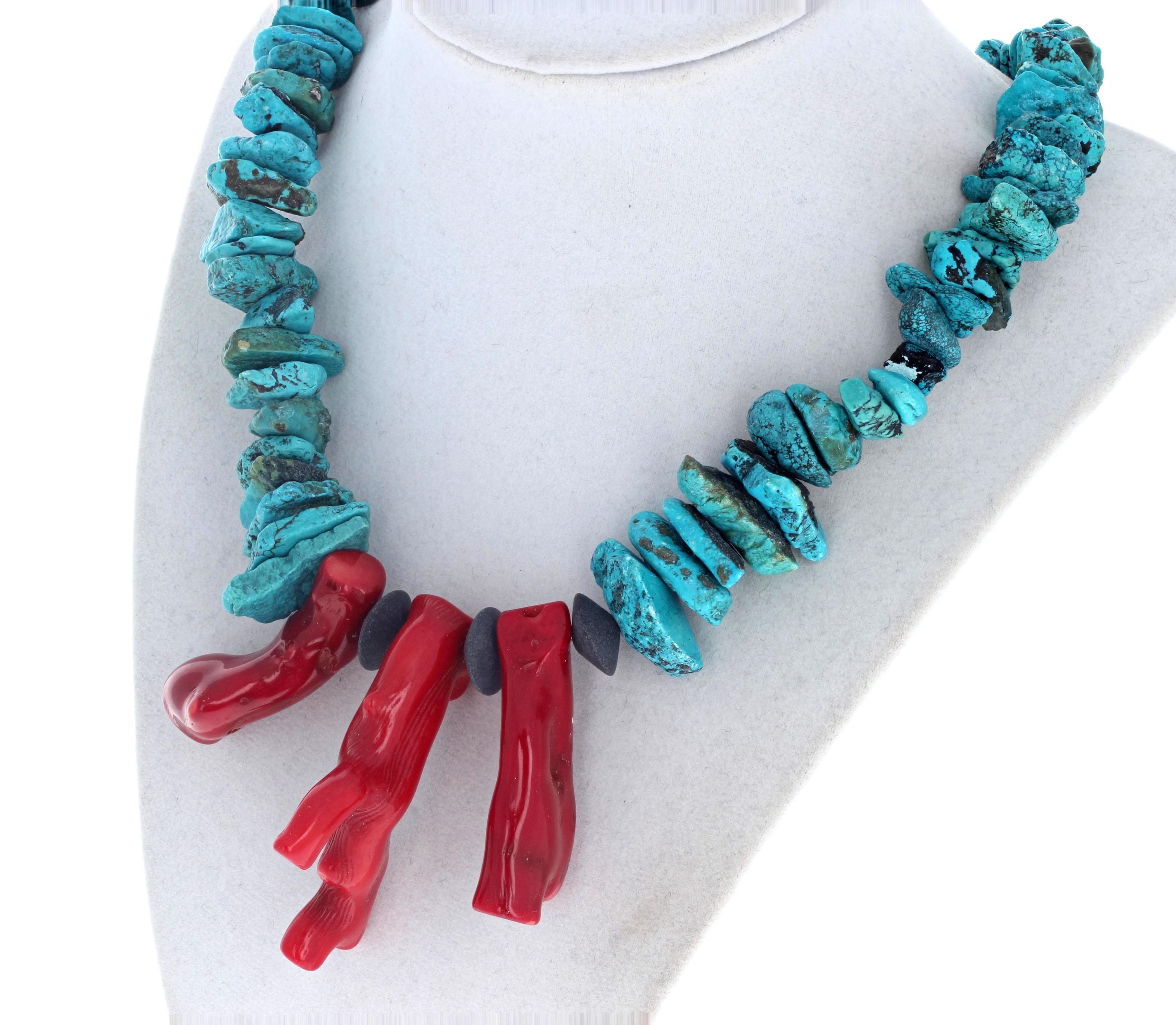 AJD Huge Natural Coral and Natural Turquoise Necklace In New Condition For Sale In Raleigh, NC