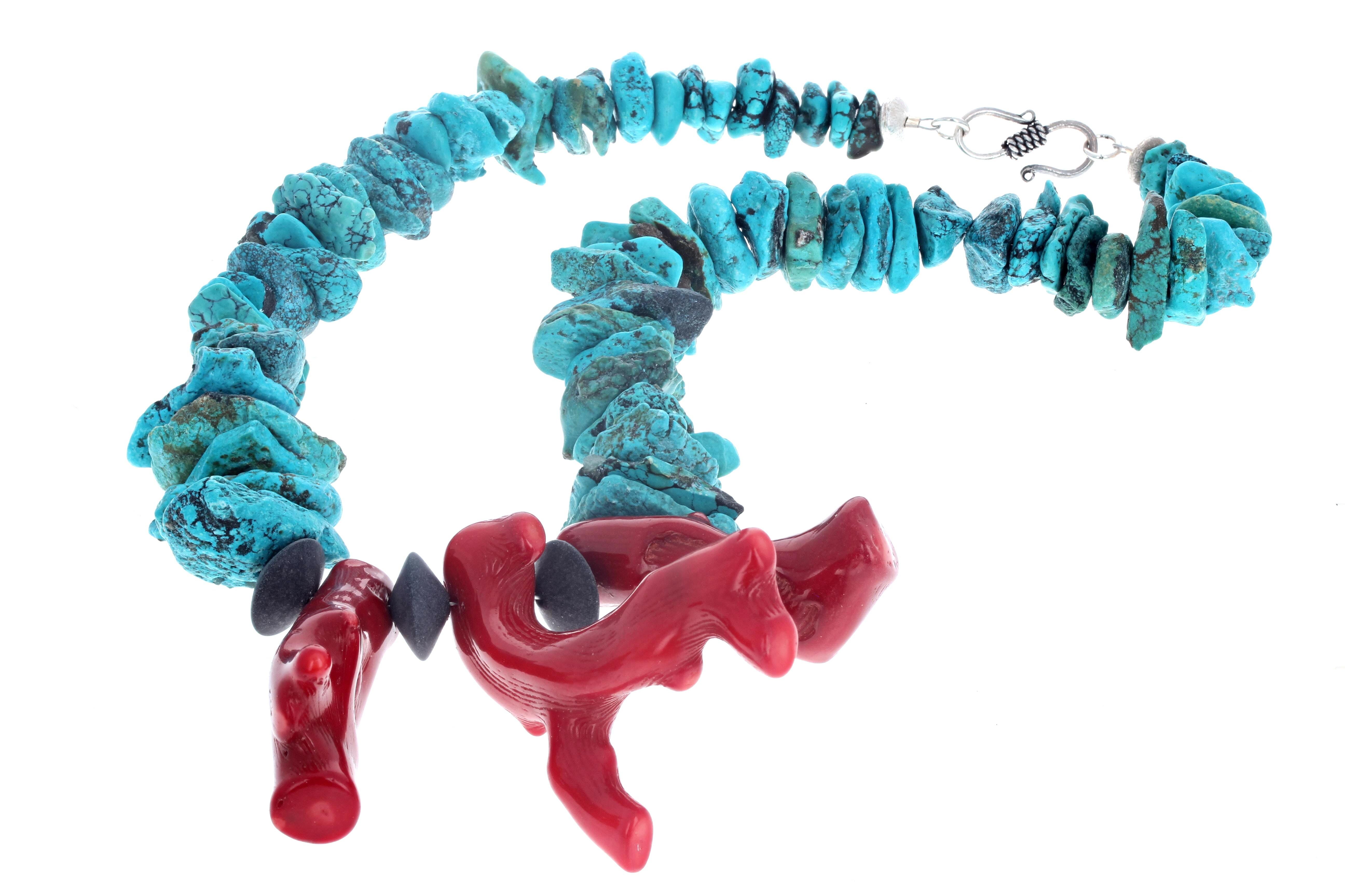 Women's or Men's AJD Huge Natural Coral and Natural Turquoise Necklace For Sale