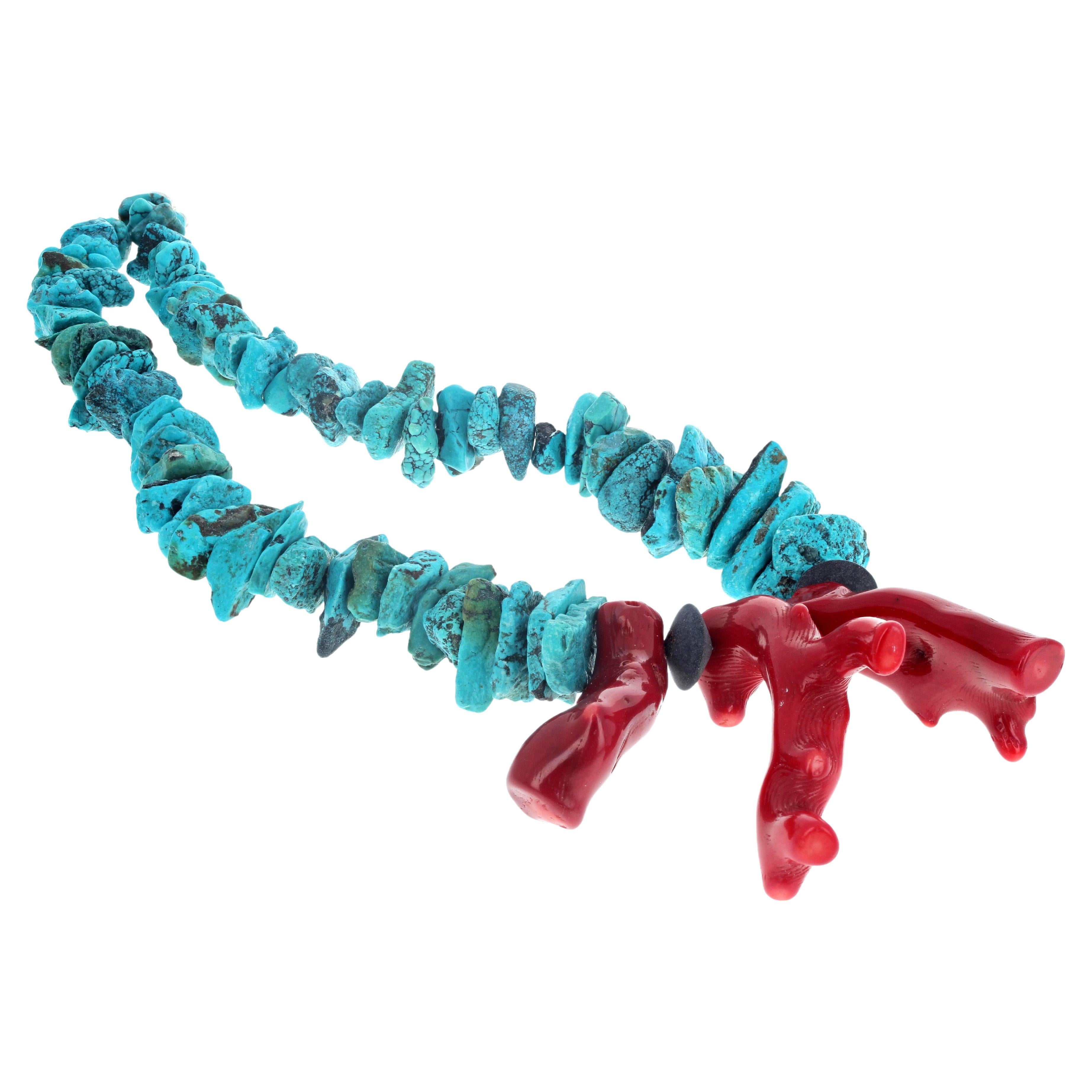 AJD Huge Natural Coral and Natural Turquoise 18 1/2" Necklace For Sale