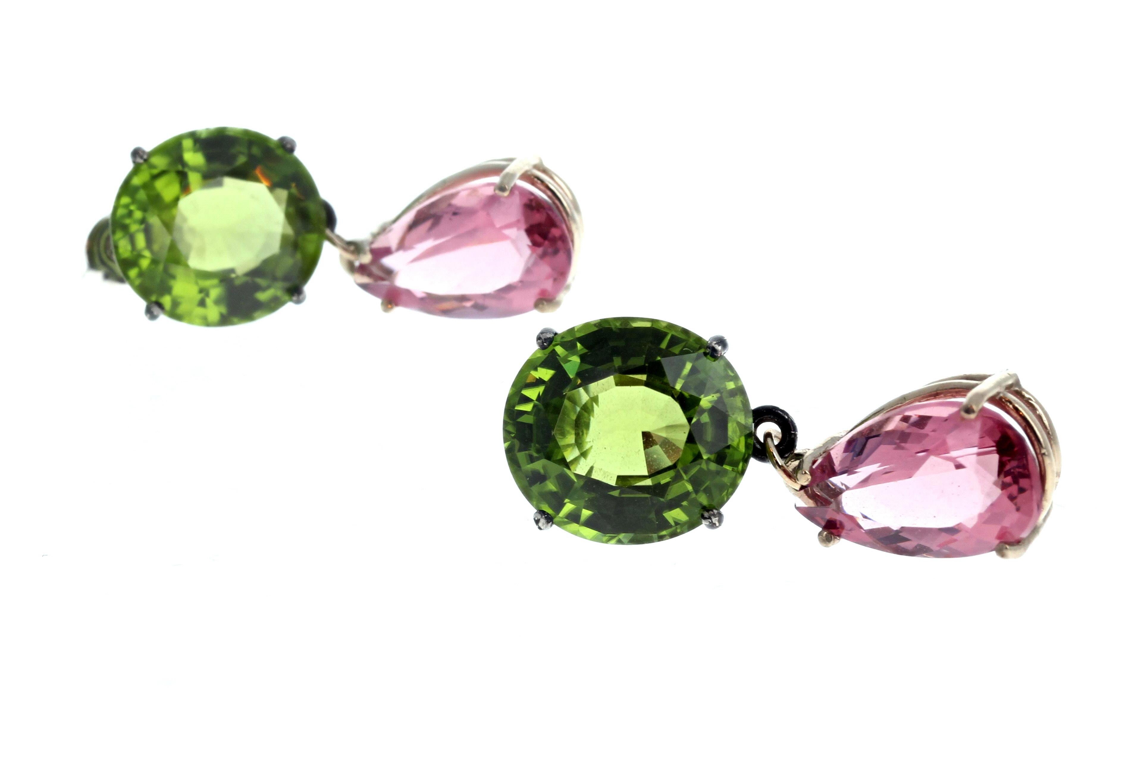 Mixed Cut AJD Huge Natural Green Peridots & Pink Tourmalines Stud Earrings For Sale