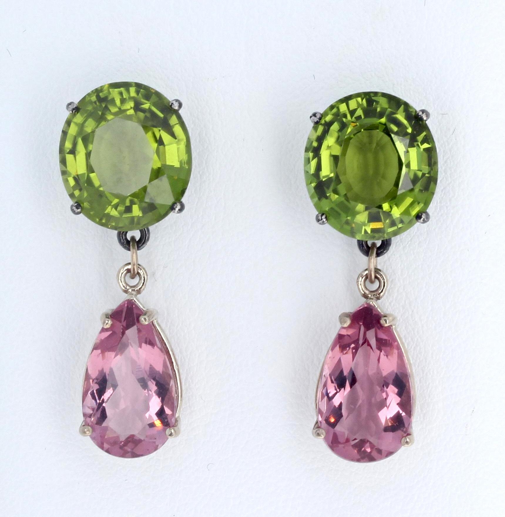 Women's or Men's AJD Huge Natural Green Peridots & Pink Tourmalines Stud Earrings For Sale