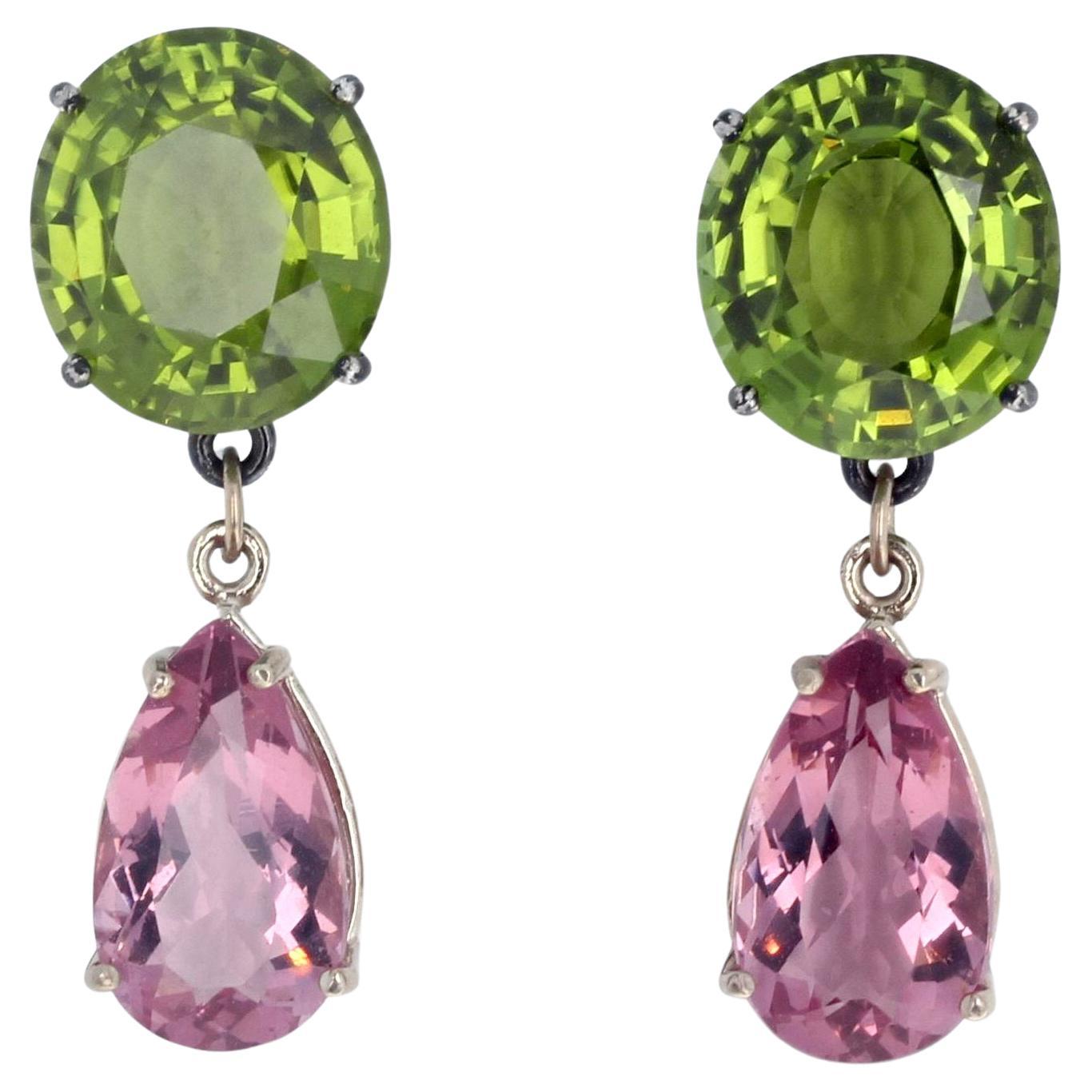 AJD Huge Natural Green Peridots & Pink Tourmalines Stud Earrings For Sale