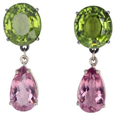 AJD Huge Natural Green Peridots & Pink Tourmalines Stud Earrings