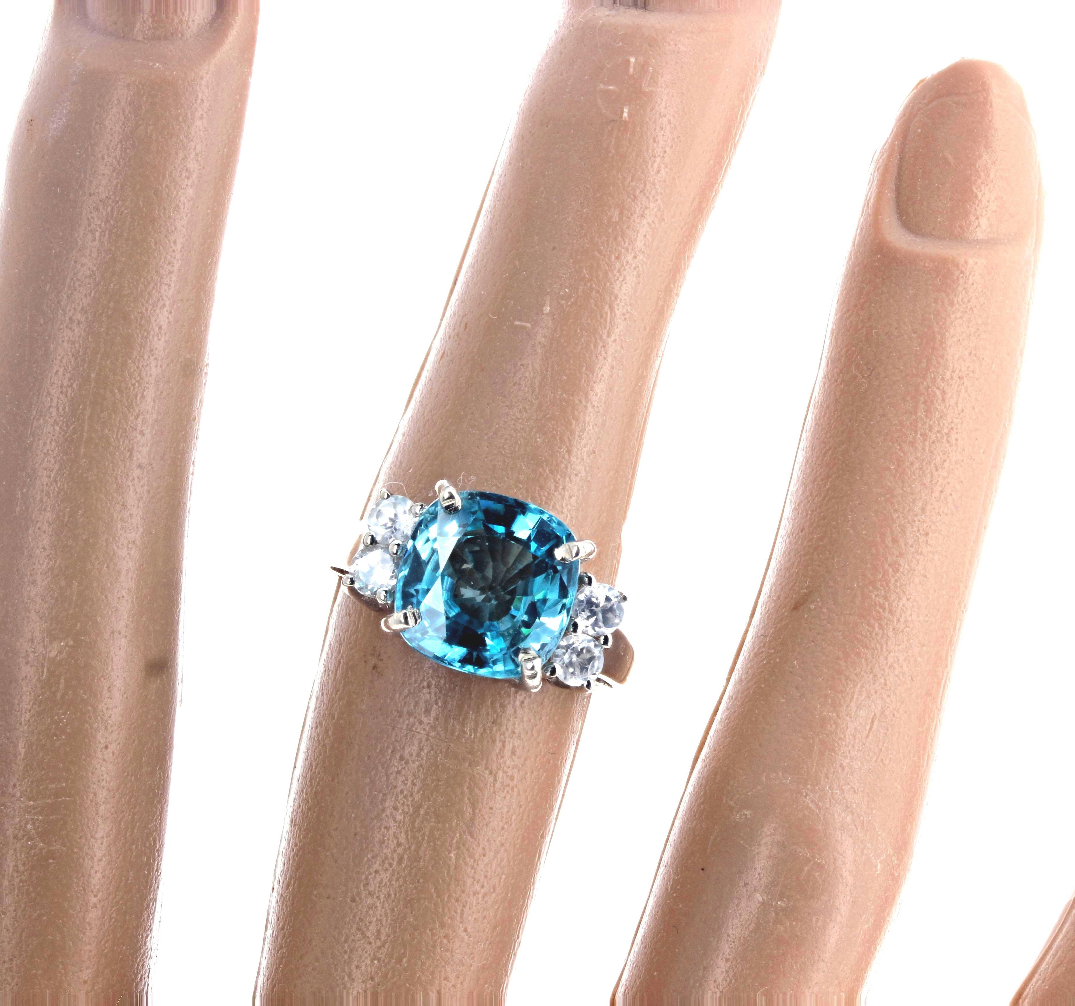 Cushion Cut AJD Intense Blue 6.82Ct. Natural Cambodian Zircon & Real Diamonds Cocktail Ring
