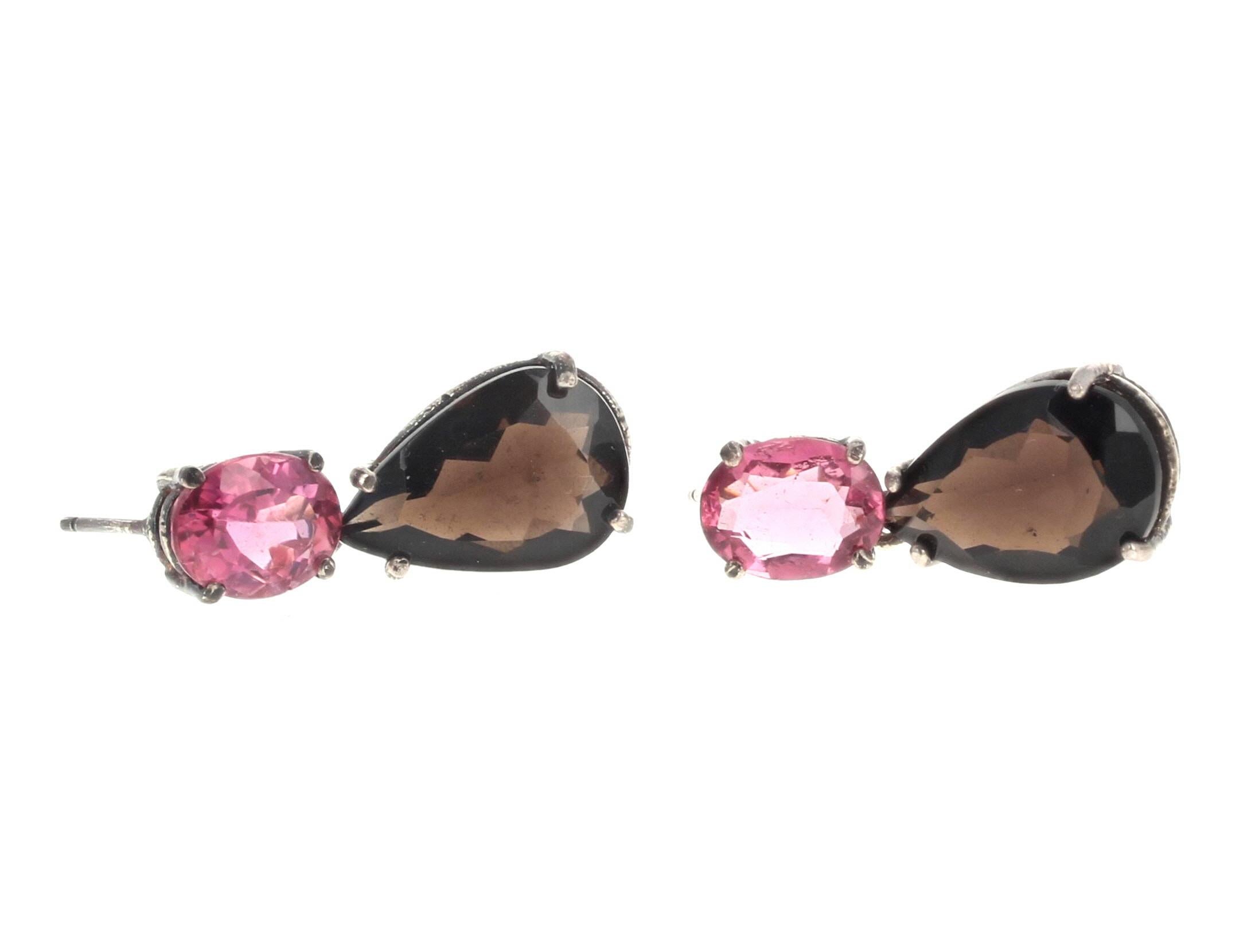 Mixed Cut AJD Intense Pink Tourmalines & Smoky Quartz Stud Earrings For Sale