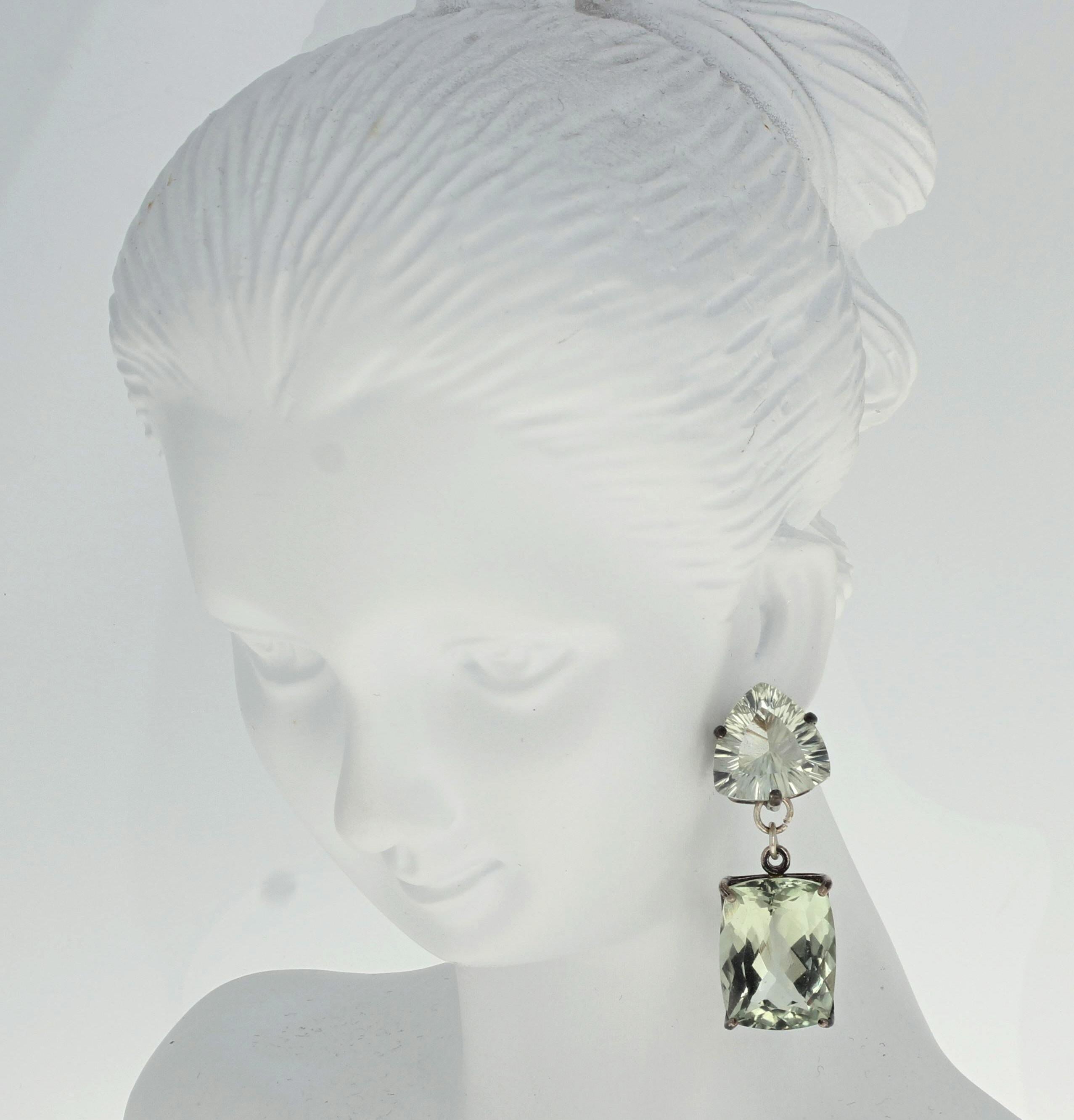 These sterling silver stud earrings dangle brilliantly approximately 33mm long.  The trillion Praziolites are 12mm x 12mm approximately and the cushion Praziolites are approximately 16mm x 12mm.  They are set in easy to use sterling silver stud