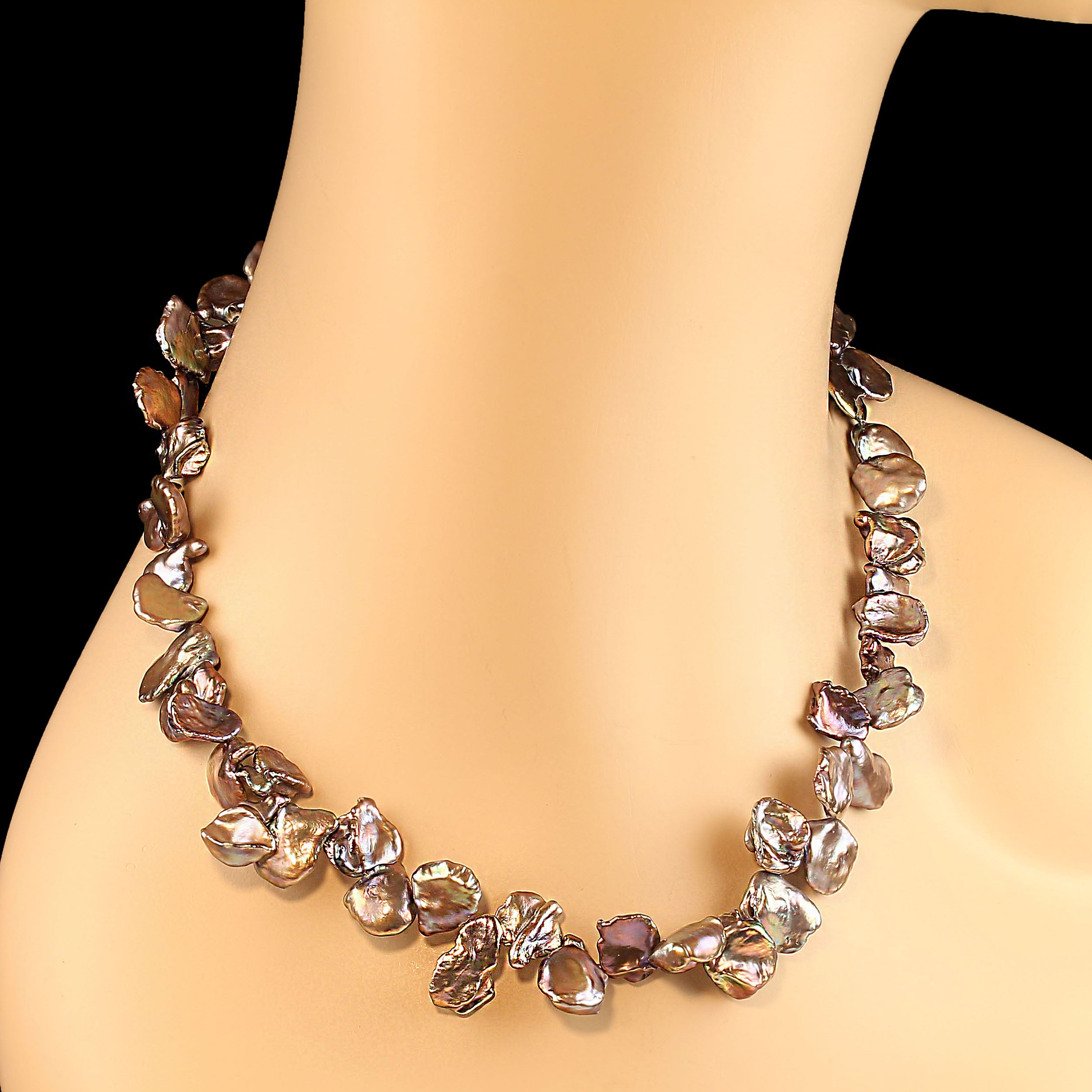 AJD Iridescent, Round, Flat Mauve Keshi Pearl Necklace