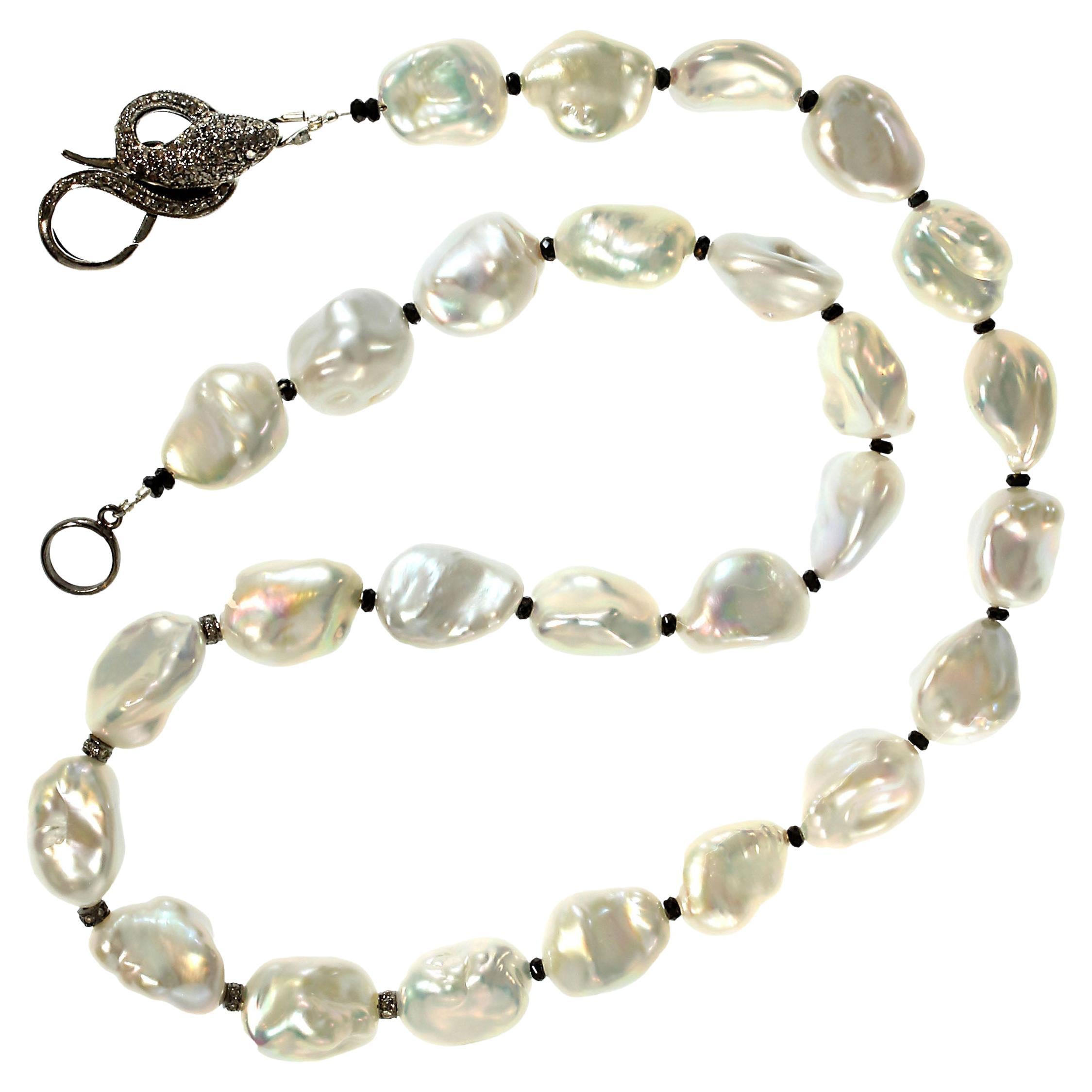 Bead AJD Iridescent Silver Baroque Pearl Necklace and Diamond Accents 17 Inch For Sale