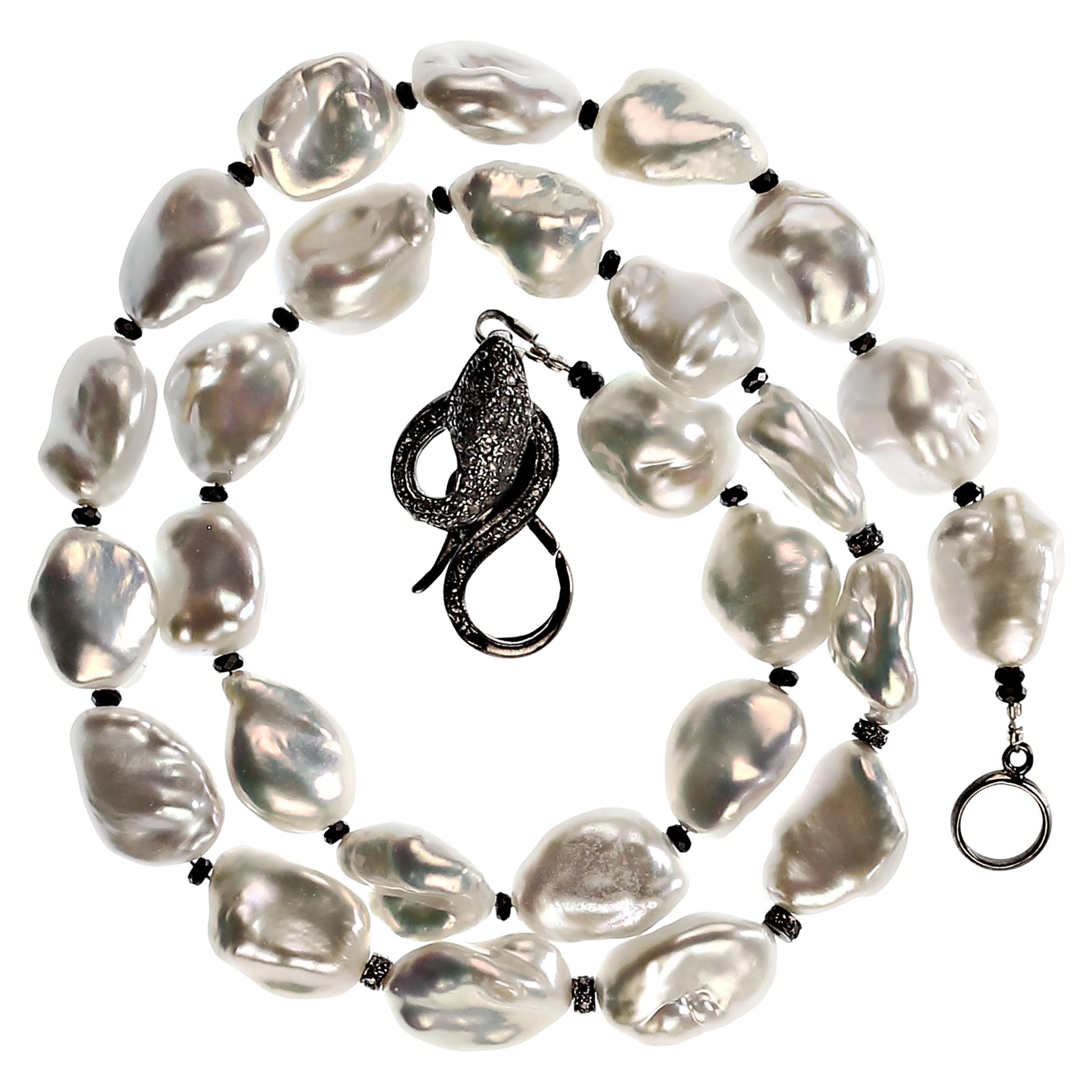 AJD Iridescent Silver Baroque Pearl Necklace and Diamond Accents 17 Inch For Sale