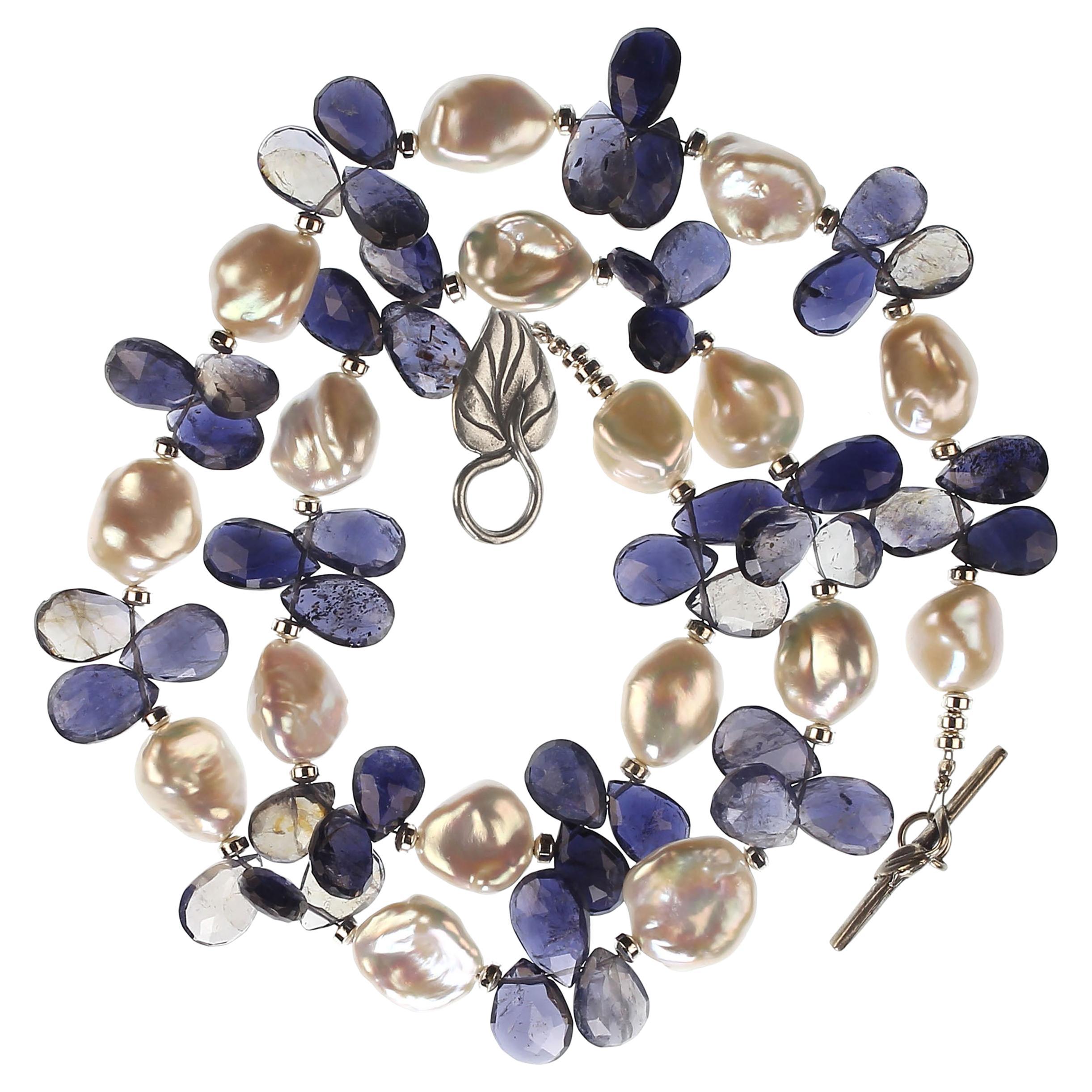 AJD Keshi Pearl and Blue Iolite Briolette Necklace June Birthstone For Sale
