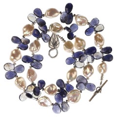 AJD Keshi Collar Briolette de Perlas y Iolita Azul Piedra de Nacimiento de Junio