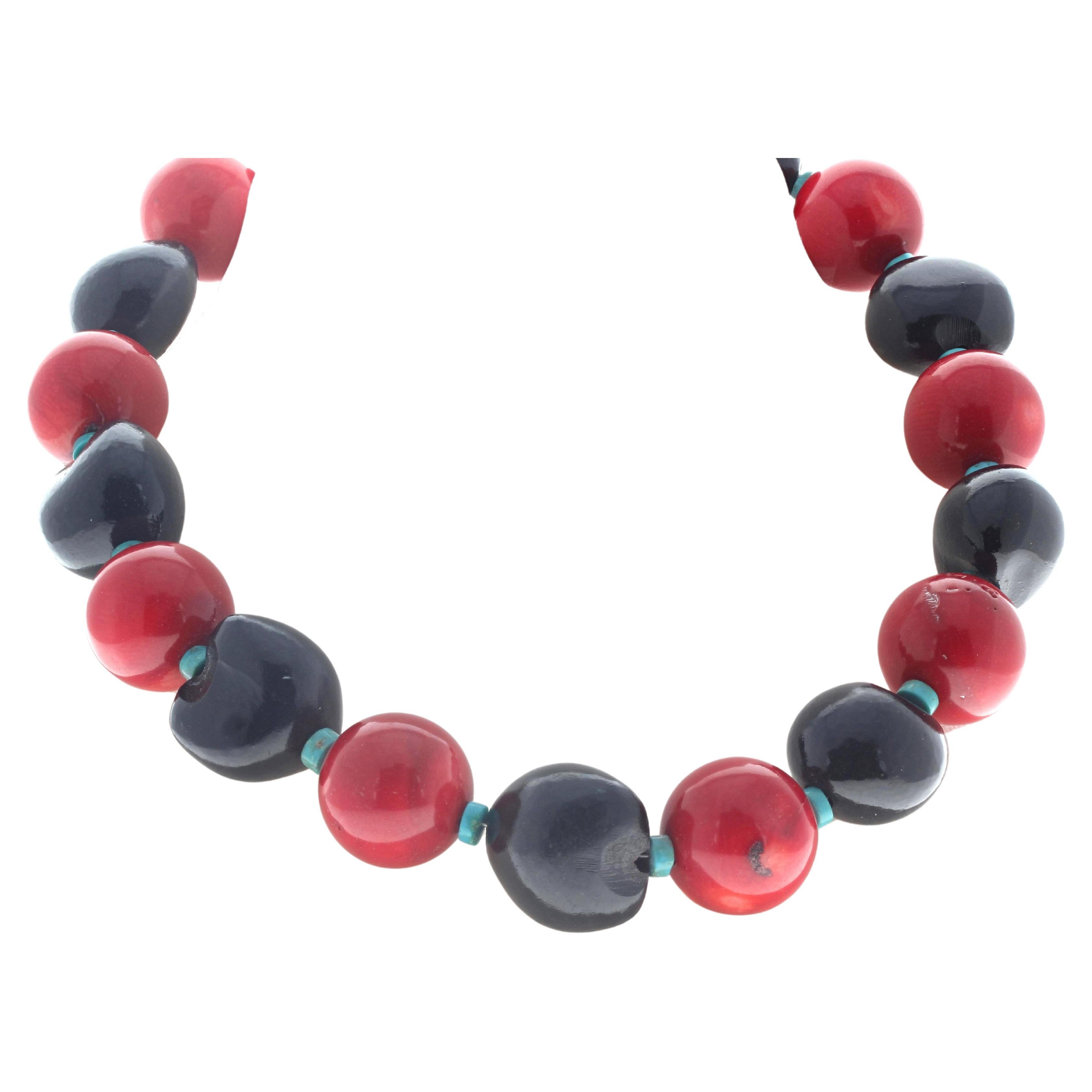 AJD Large Natural Round Black Wood Rondels & Coral & Turquoise Necklace For Sale