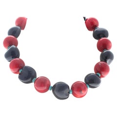 AJD Large Natural Round Black Wood Rondels & Coral & Turquoise Necklace