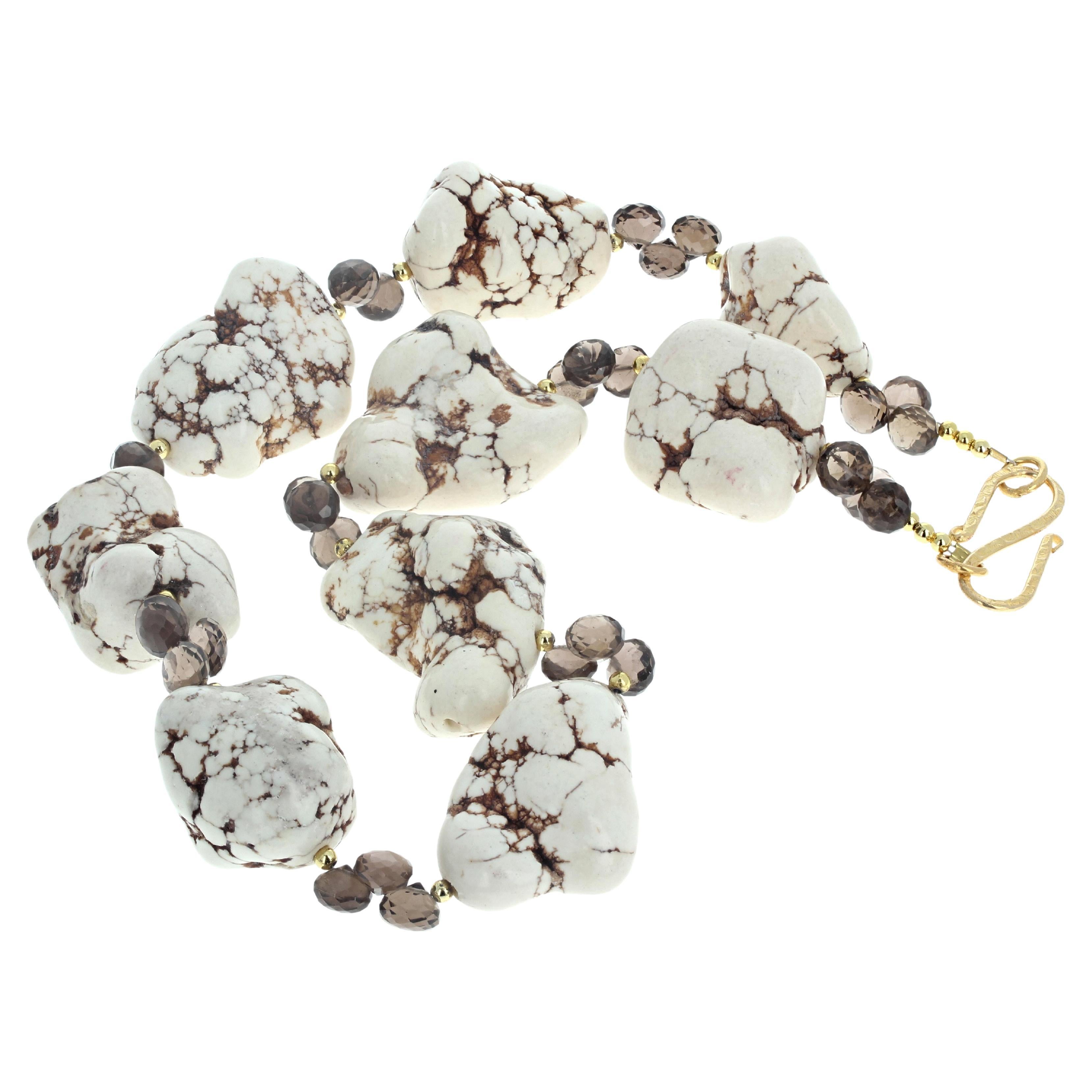 Know as Howlite Crystal Beads - Creamy White Brown Vein Beads - these are polished - and enhanced by sparkling natural highly polished real Smoky Quartz - so they sit comfortably and artistically around your neck in this 20 inch long necklace.  The
