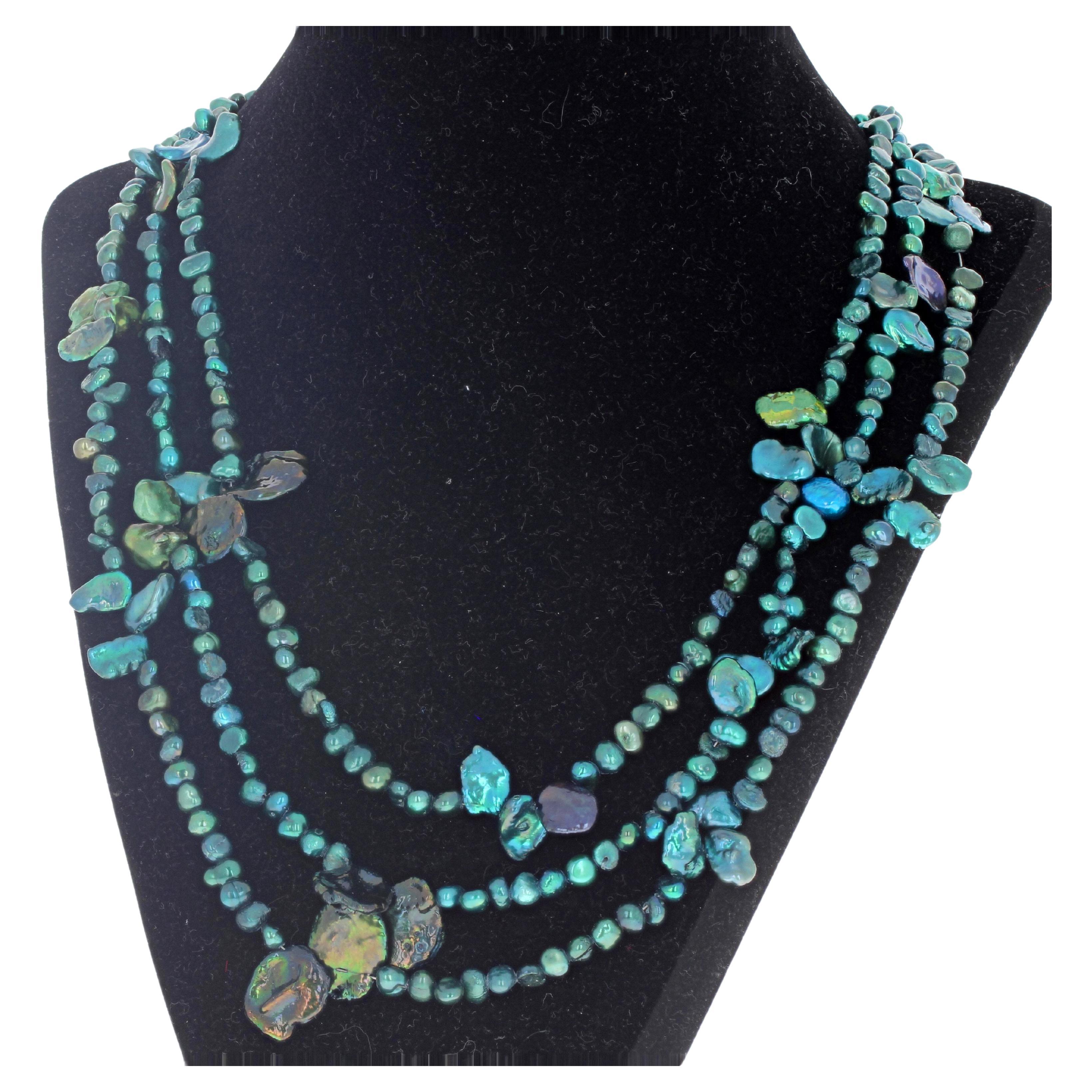 AJD GORGEOUS Blaugrüne Zuchtperlen & Naturperlenschalen 19" Halskette im Angebot