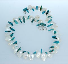 AJD Gorgeous Natural Fresh Water White Pearl & Turquoise 17" Necklace