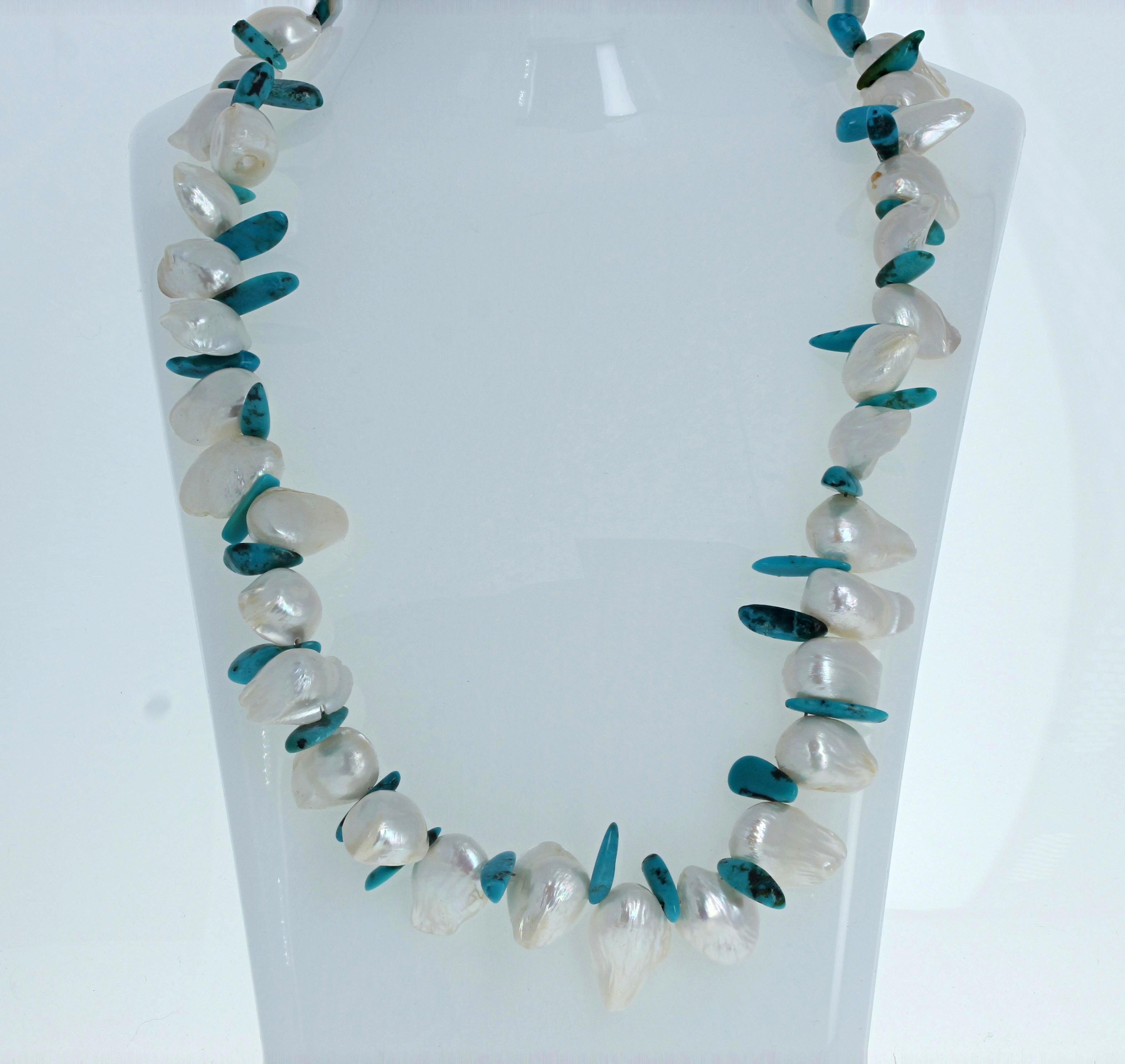 AJD Wunderschöne natürliche Süßwasser-Halskette mit weißer Perle und Türkis 17