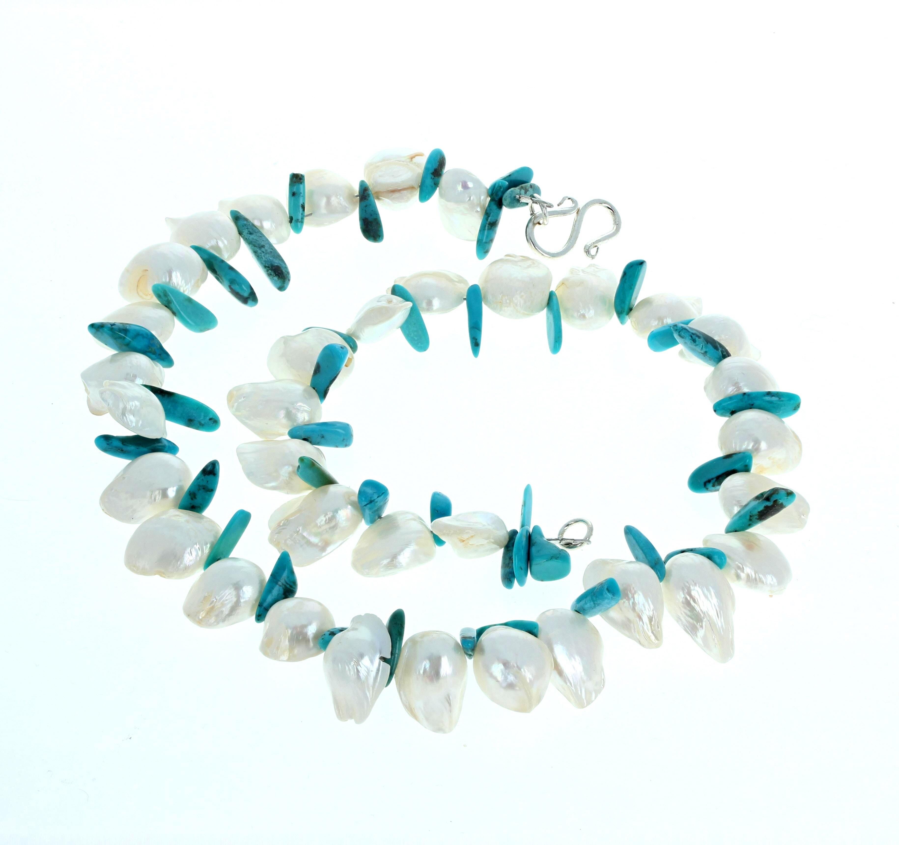 AJD Wunderschöne natürliche Süßwasser-Halskette mit weißer Perle und Türkis 17