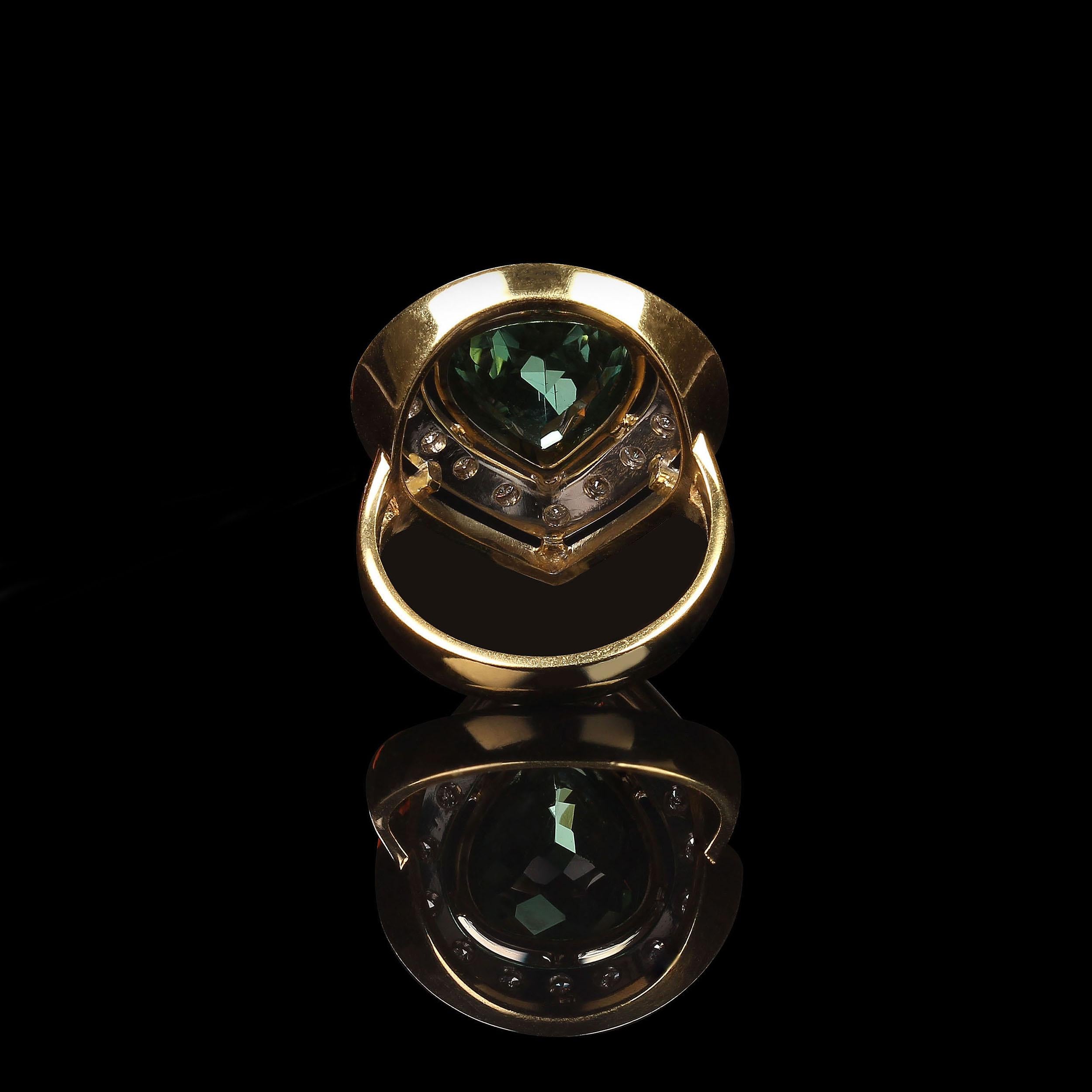 Artisan AJD Magnificent Blue-Green Tourmaline & 18K Gold Cocktail Ring For Sale