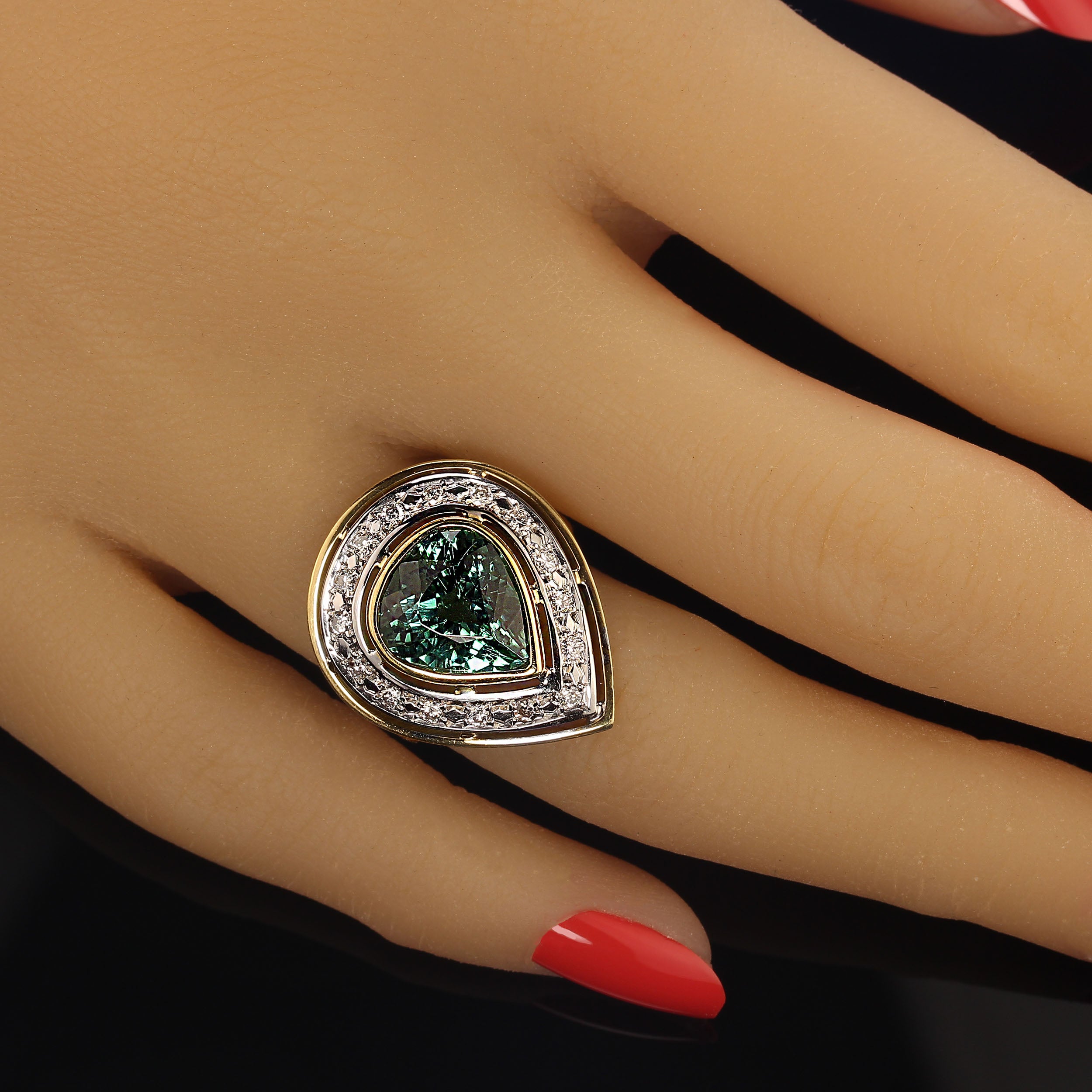 AJD Magnificent Blue-Green Tourmaline & 18K Gold Cocktail Ring For Sale