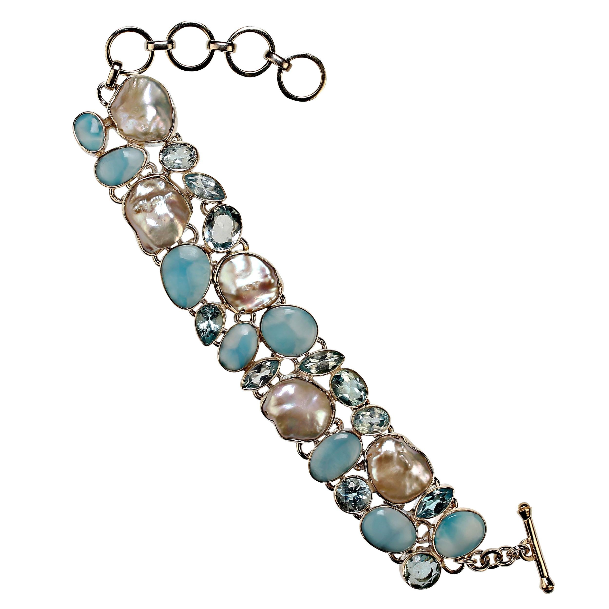 Prächtiges Armband von AJD aus Biwa-Perle, blauem Topas und Larimar-Lünette in Silber für Damen oder Herren im Angebot