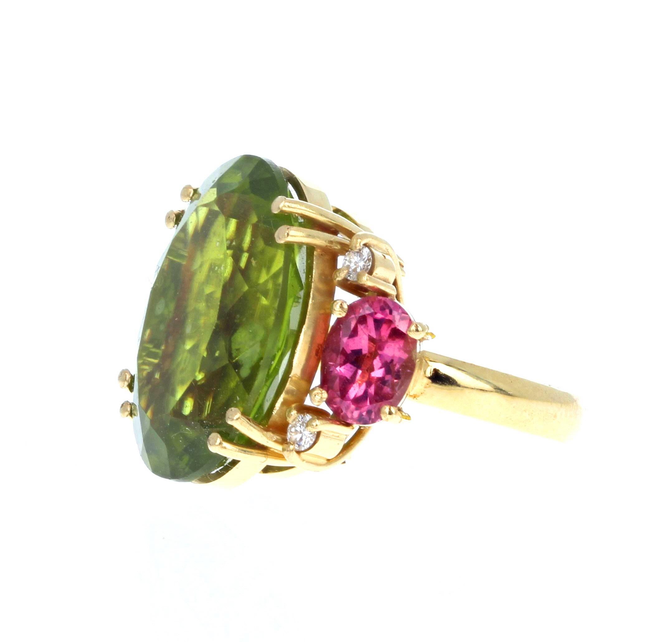 Mixed Cut AJD Magnificent Brilliant 14 Ct Green&Pink Tourmalines, Diamonds 18Kt Gold Ring For Sale
