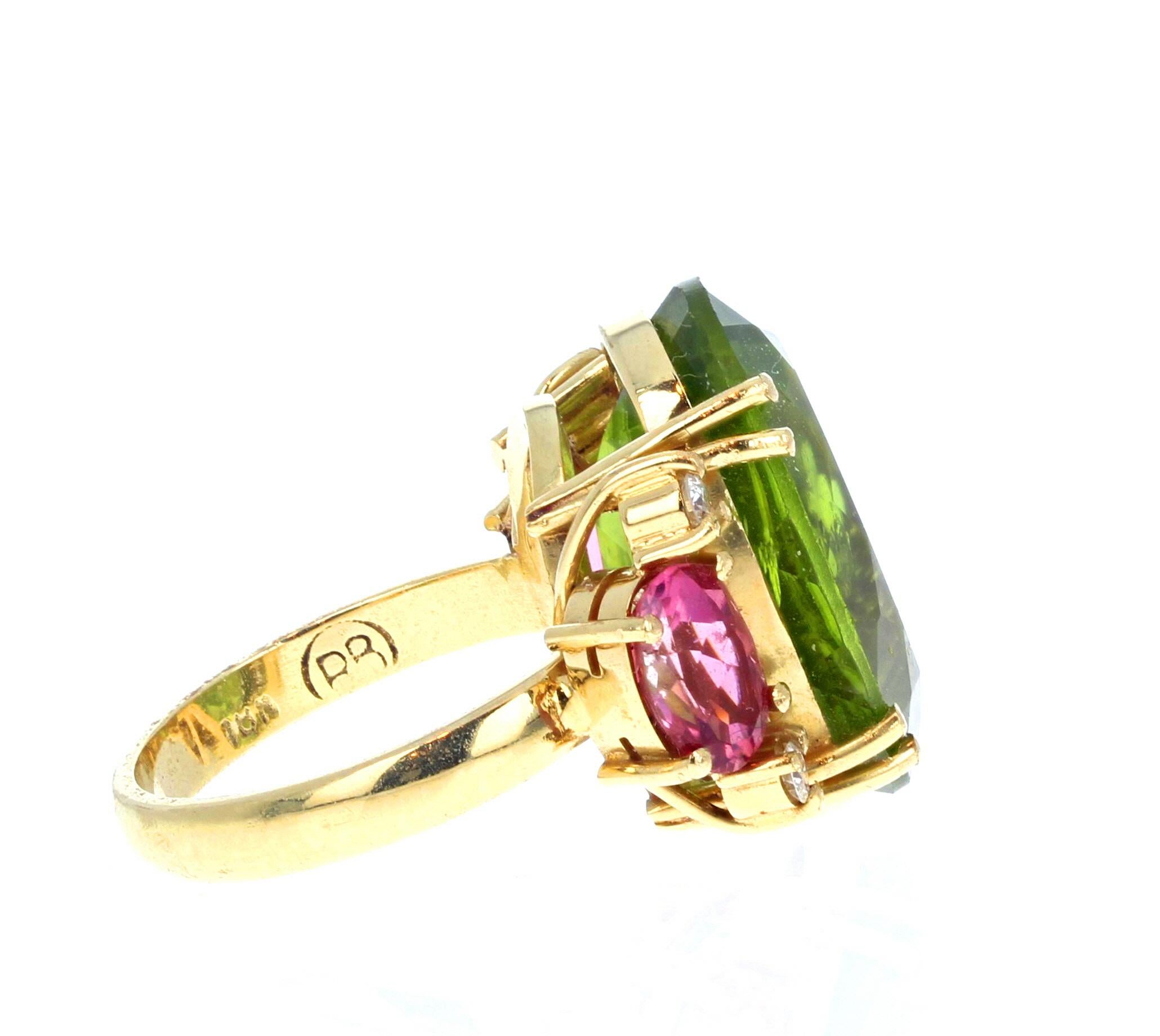 Women's or Men's AJD Magnificent Brilliant 14 Ct Green&Pink Tourmalines, Diamonds 18Kt Gold Ring For Sale