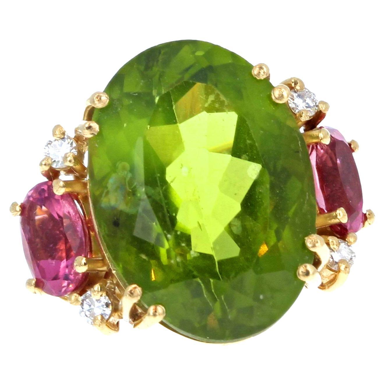 AJD Magnificent Brilliant 14 Ct Green&Pink Tourmalines, Diamonds 18Kt Gold Ring