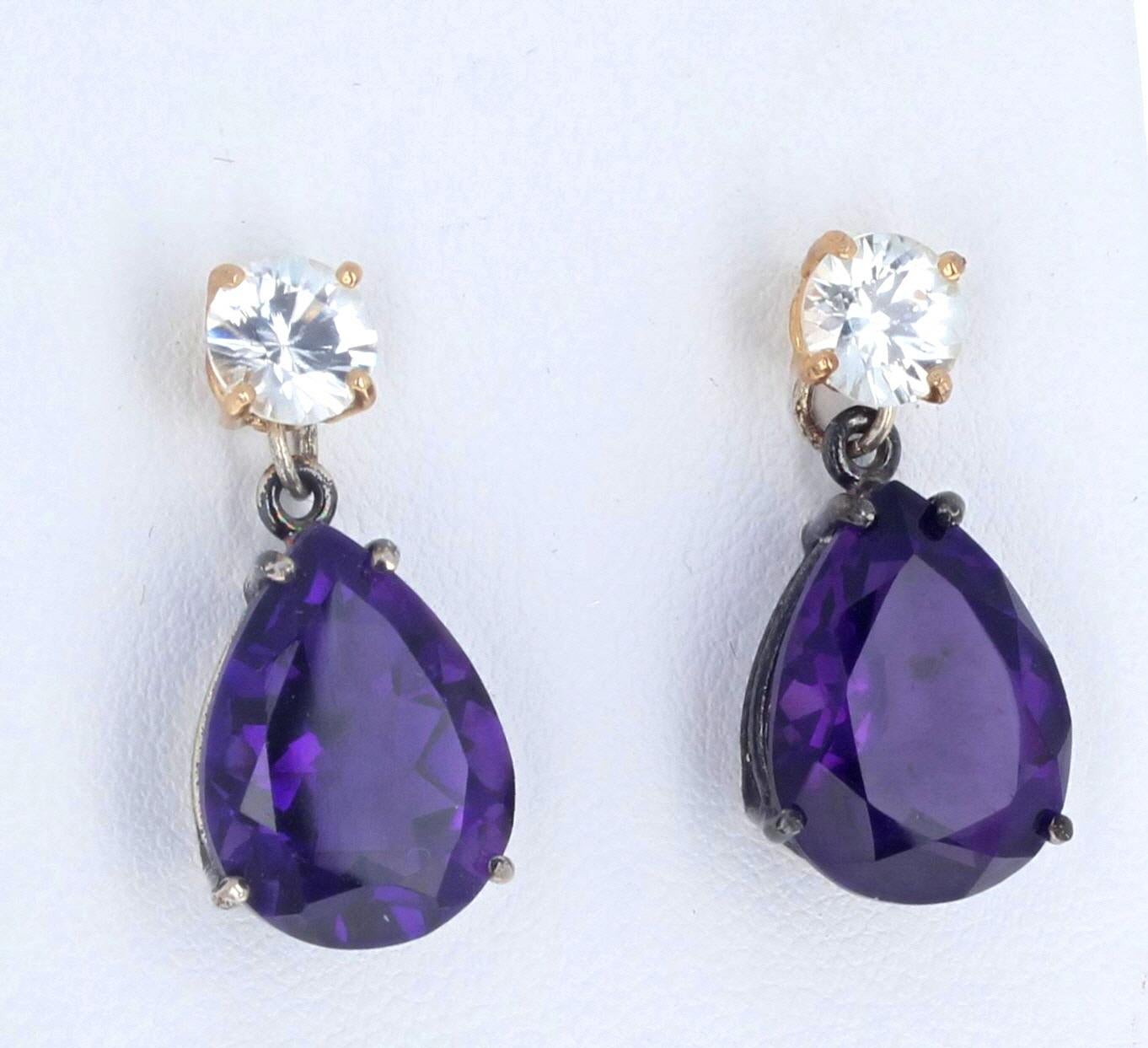 AJD Magnificent Brilliant Natural White Zircon & Intense Amethyst Stud Earrings In New Condition For Sale In Raleigh, NC