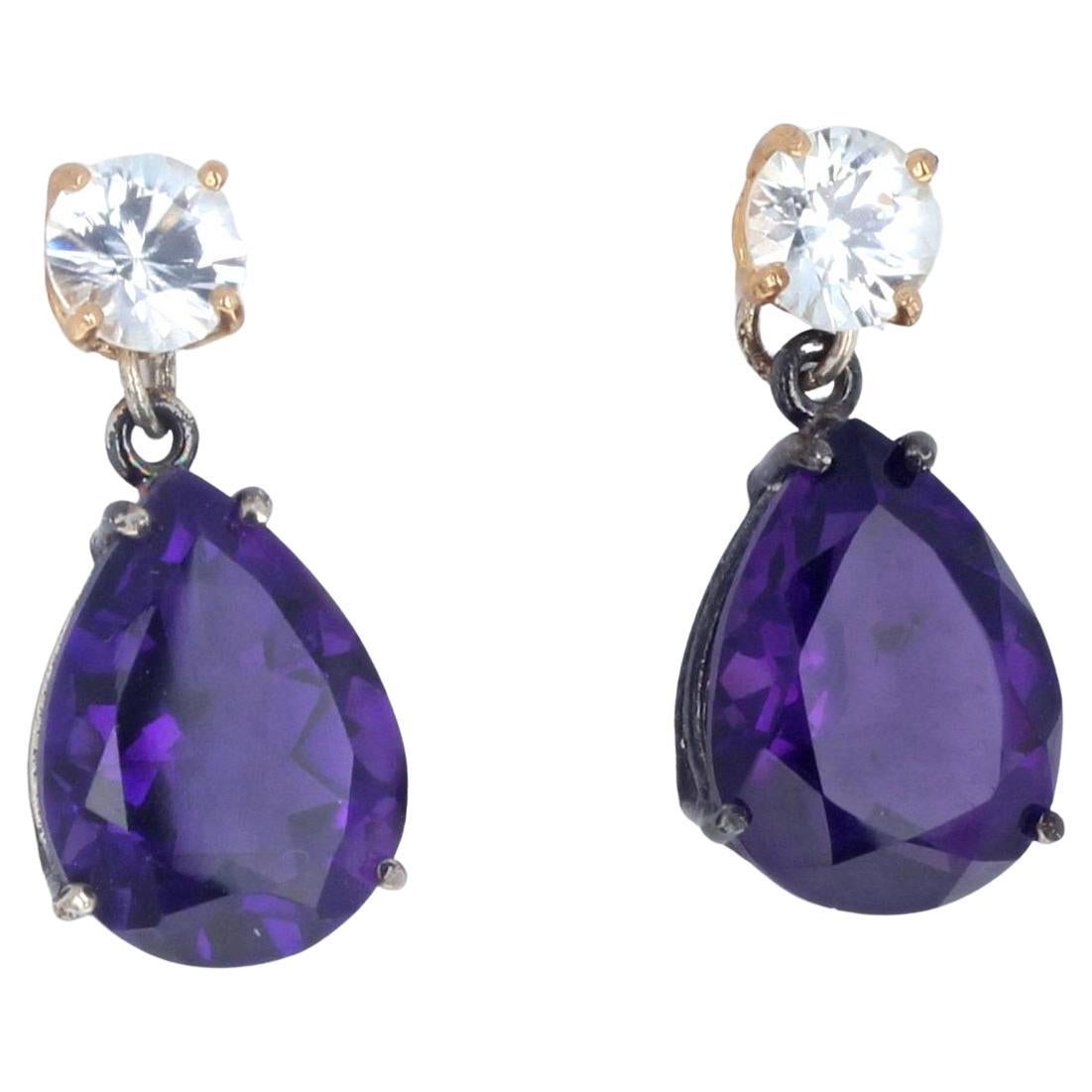 AJD Magnificent Brilliant Natural White Zircon & Intense Amethyst Stud Earrings
