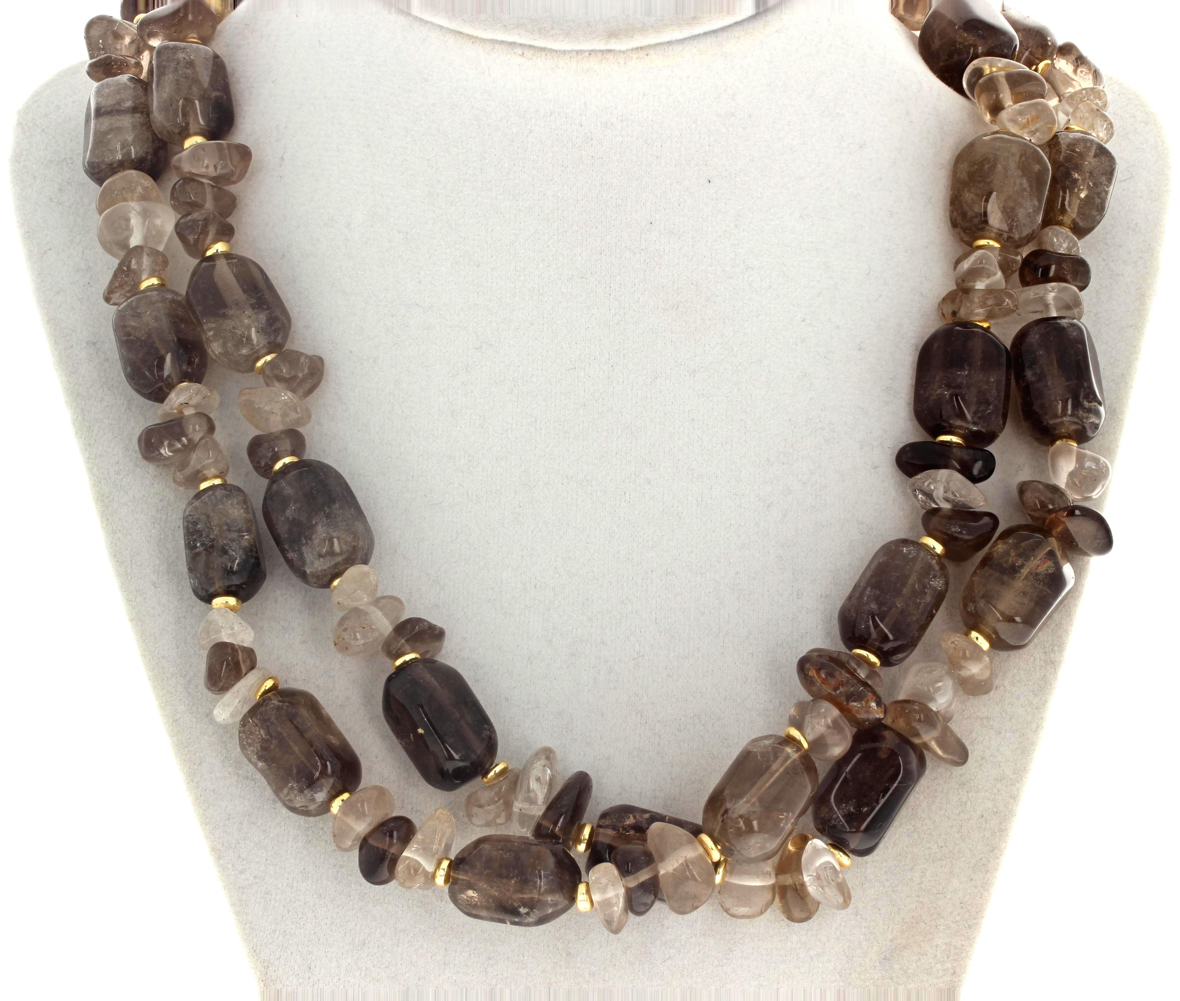 Taille mixte AJD - Magnifique double brin de quartz naturel fumé brillant  Collier de 19 1/2 en vente