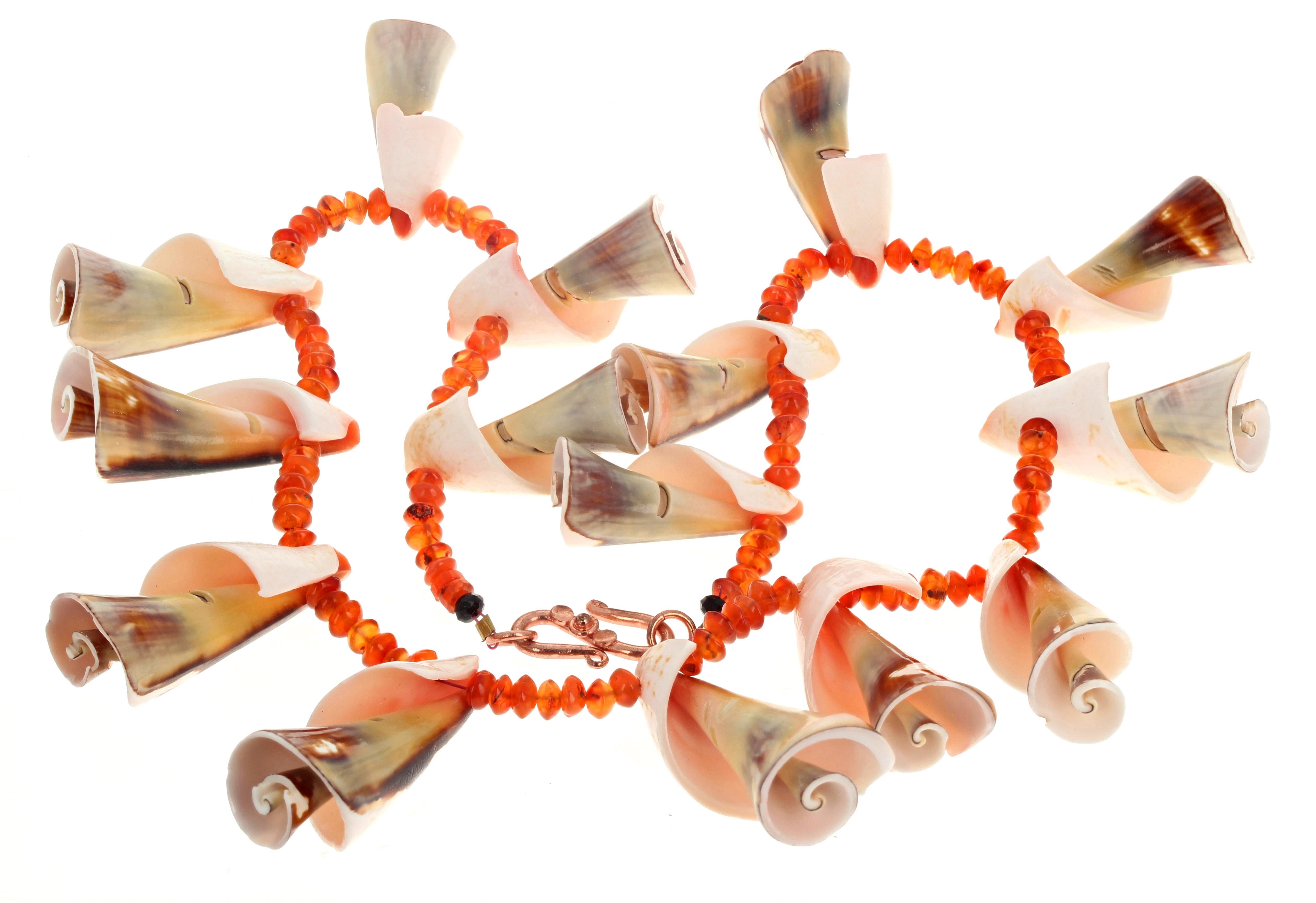 AJD Dramatic Fun Natural Spinelle Shells & Natural Carnelian Gemstones Necklace In New Condition In Raleigh, NC
