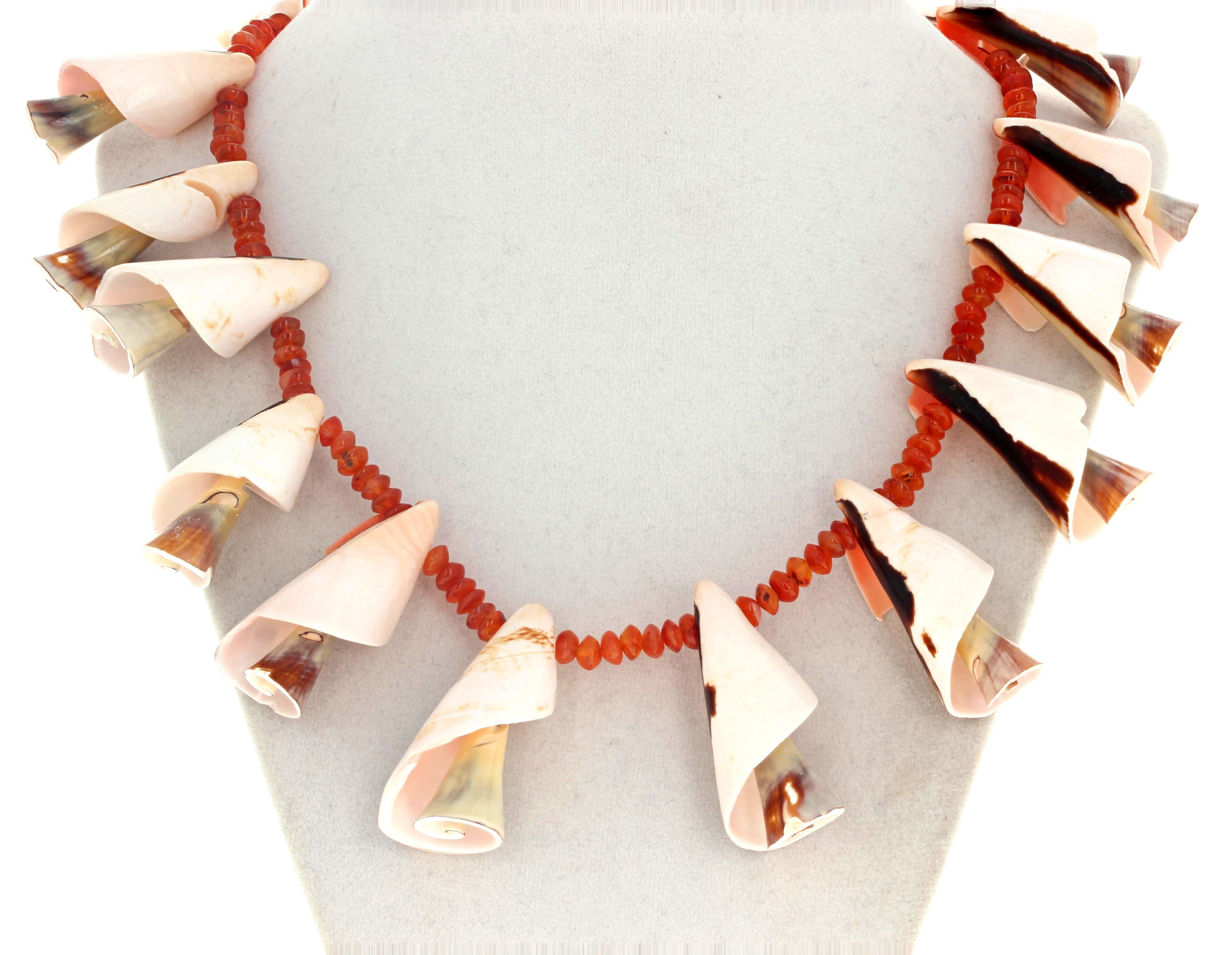 Women's or Men's AJD Dramatic Fun Natural Spinelle Shells & Natural Carnelian Gemstones Necklace