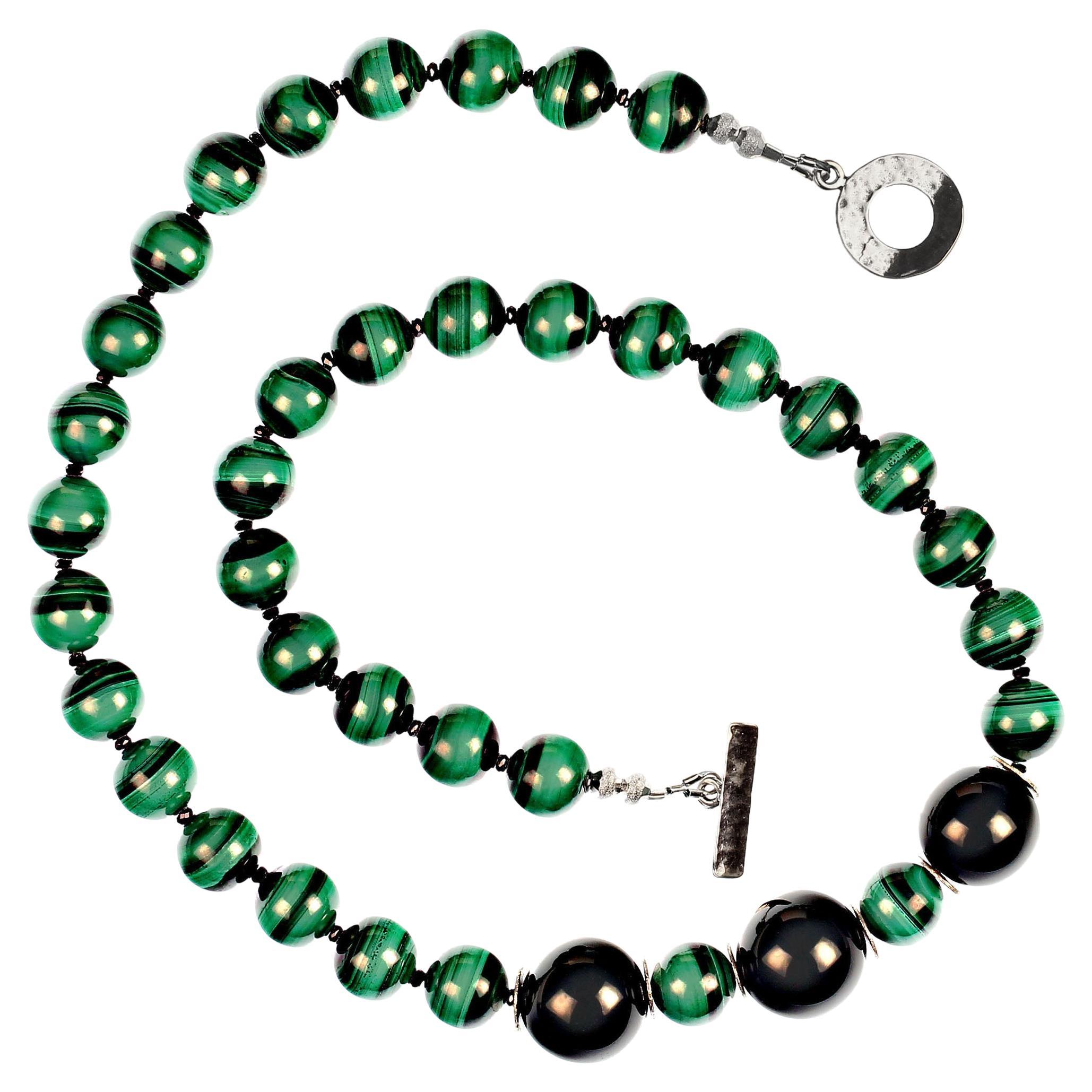 Women's or Men's AJD Magnificent Malachite 20 inch necklace with Spinel and Onyx  Great Gift! For Sale
