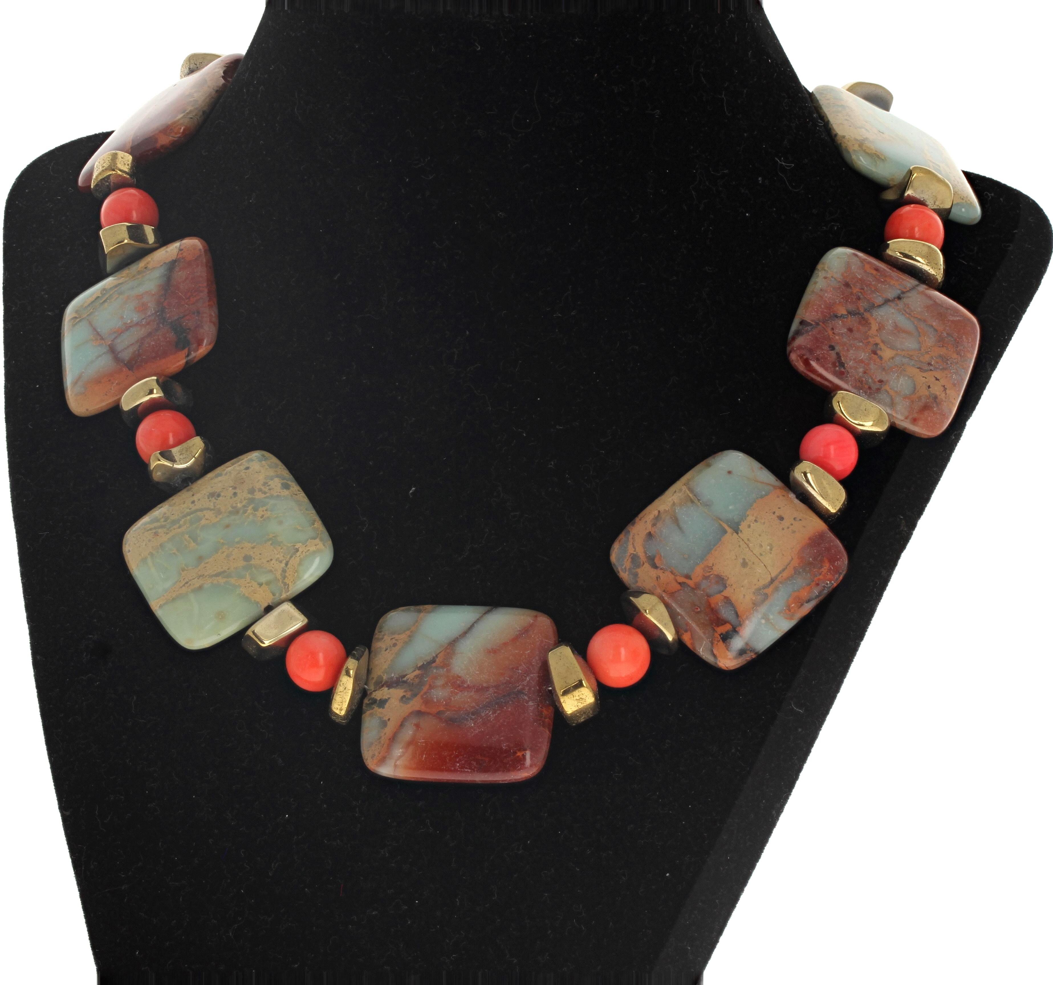 Mixed Cut AJD Magnificent Natural Real Serpentine and Real Coral Necklace