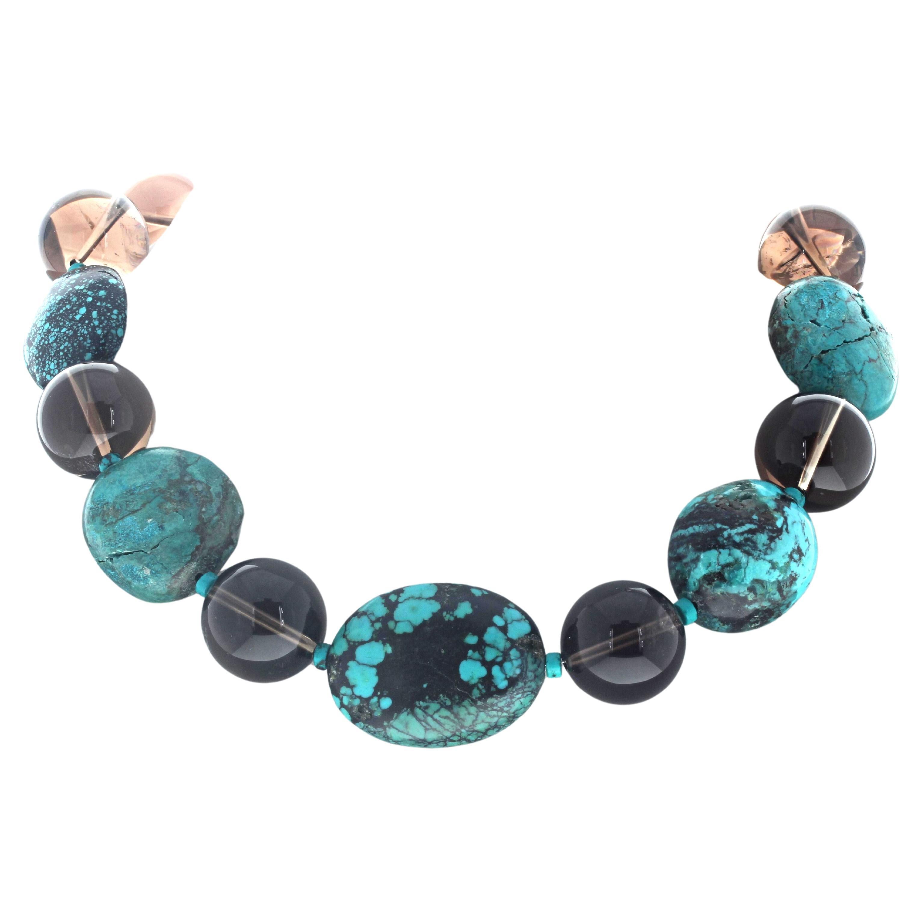 AJD Magnífico collar de turquesa natural y cuarzo ahumado real de 17 pulgadas Corte mixto en venta